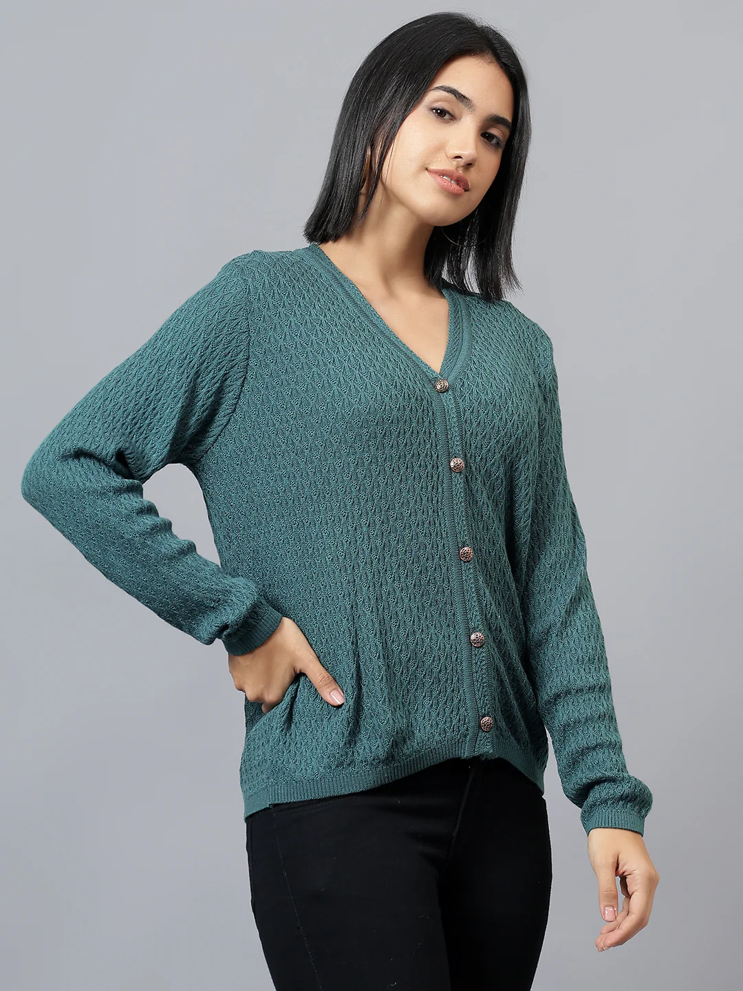 Women's Casual Teal V-Neck Cardigan Sweater - Image 4