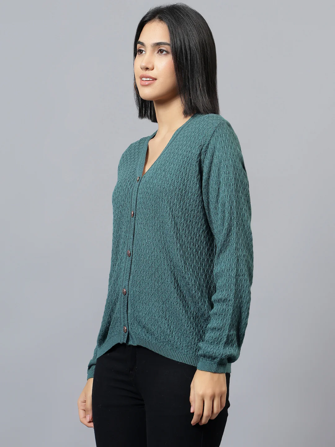 Women's Casual Teal V-Neck Cardigan Sweater - Image 5