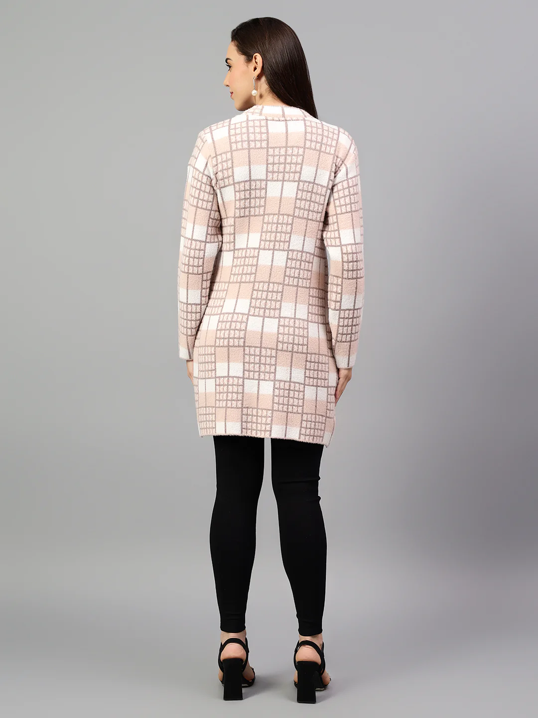 Women's Checked Peach Full Sleeve Cardigan Casual Sweater - Image 3