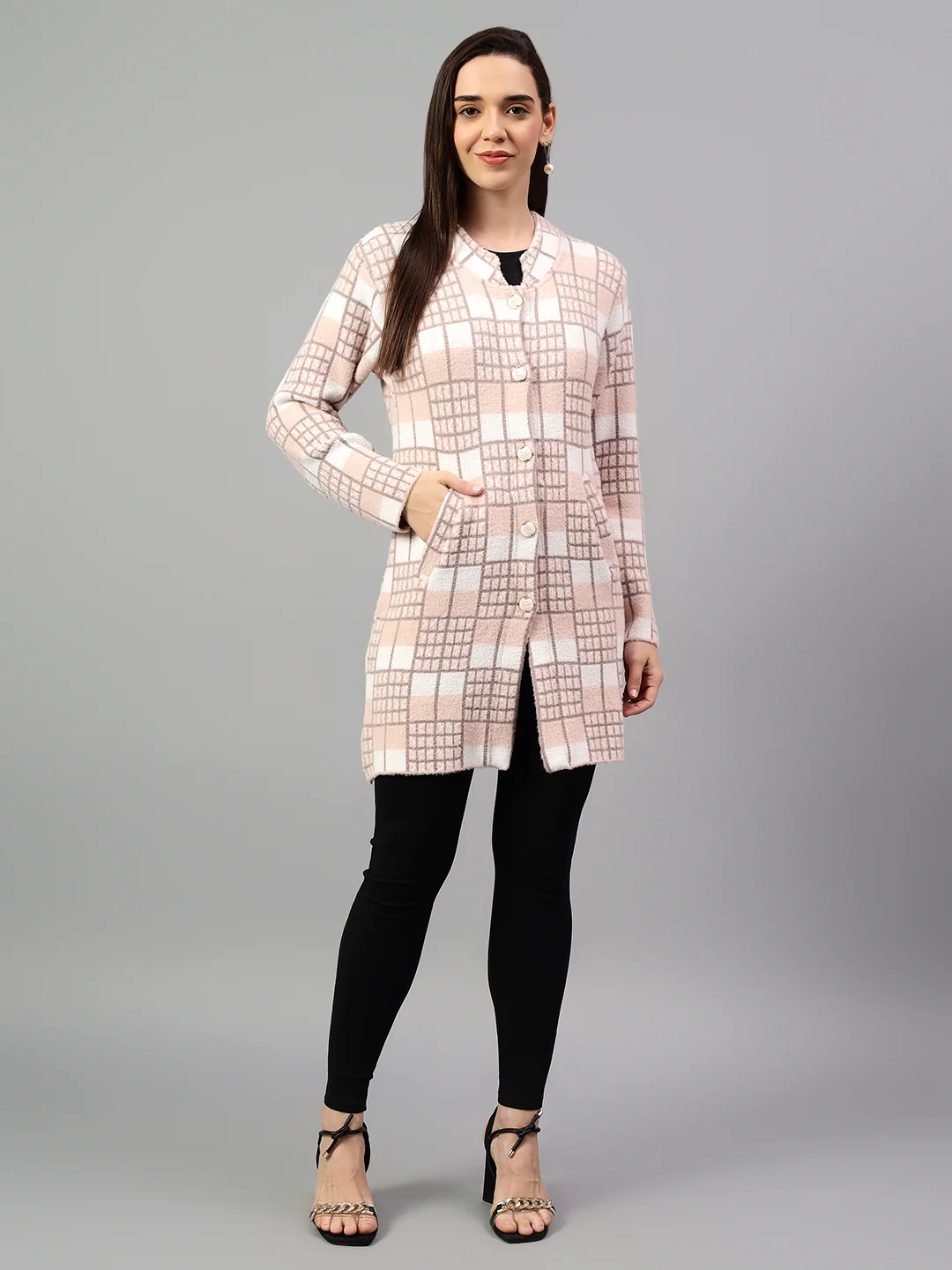 Women's Checked Peach Full Sleeve Cardigan Casual Sweater - Image 4