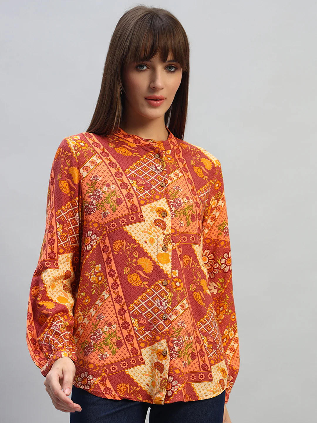 Women's Coral Printed Full Sleeves Round Neck Casual Top - Image 2