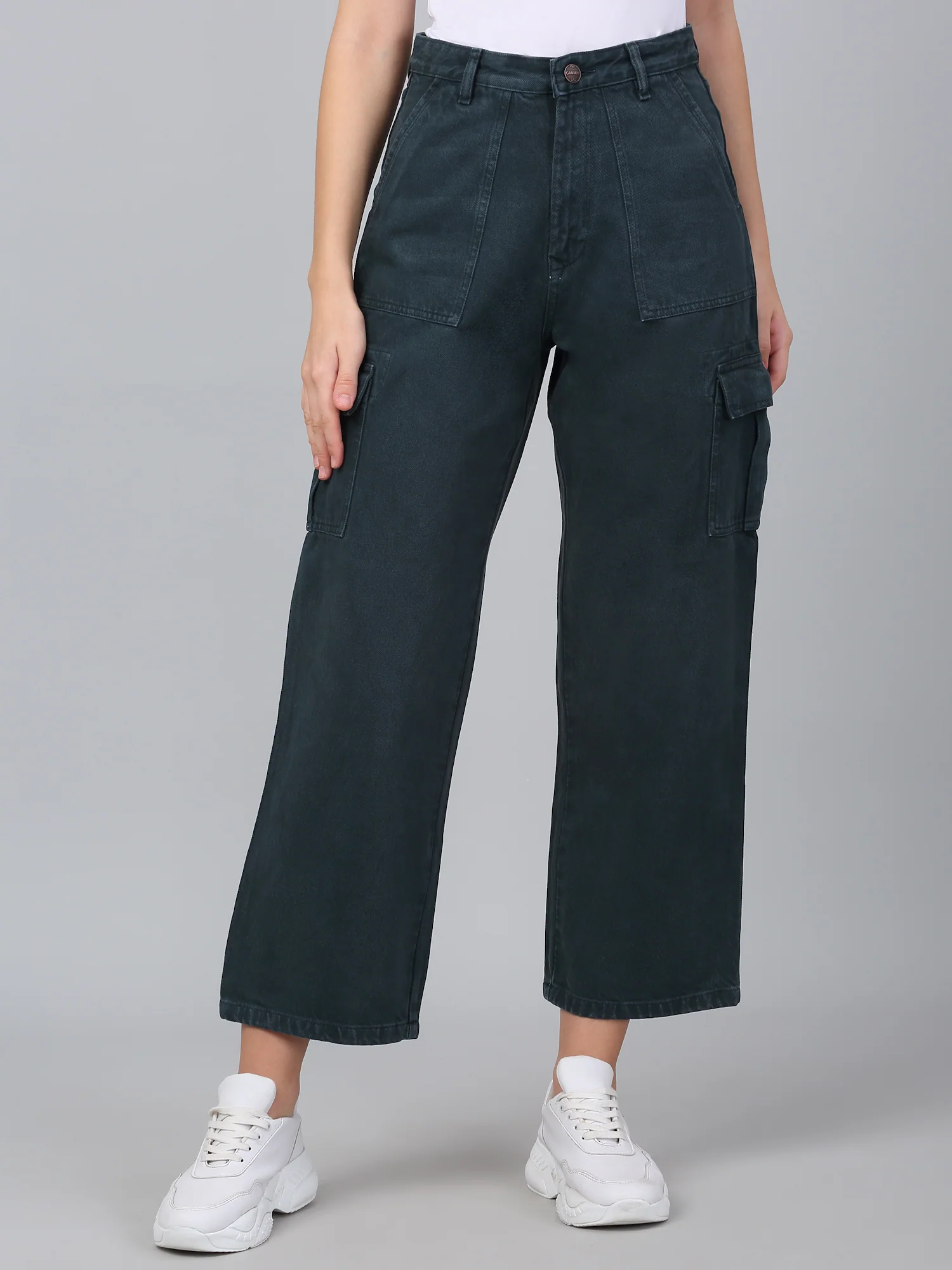 Women's Dark Green Solid Denim Wide Leg Cargo - Image 2
