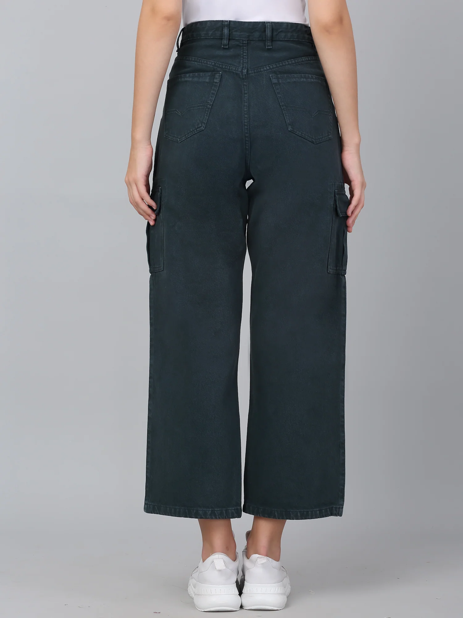 Women's Dark Green Solid Denim Wide Leg Cargo - Image 3