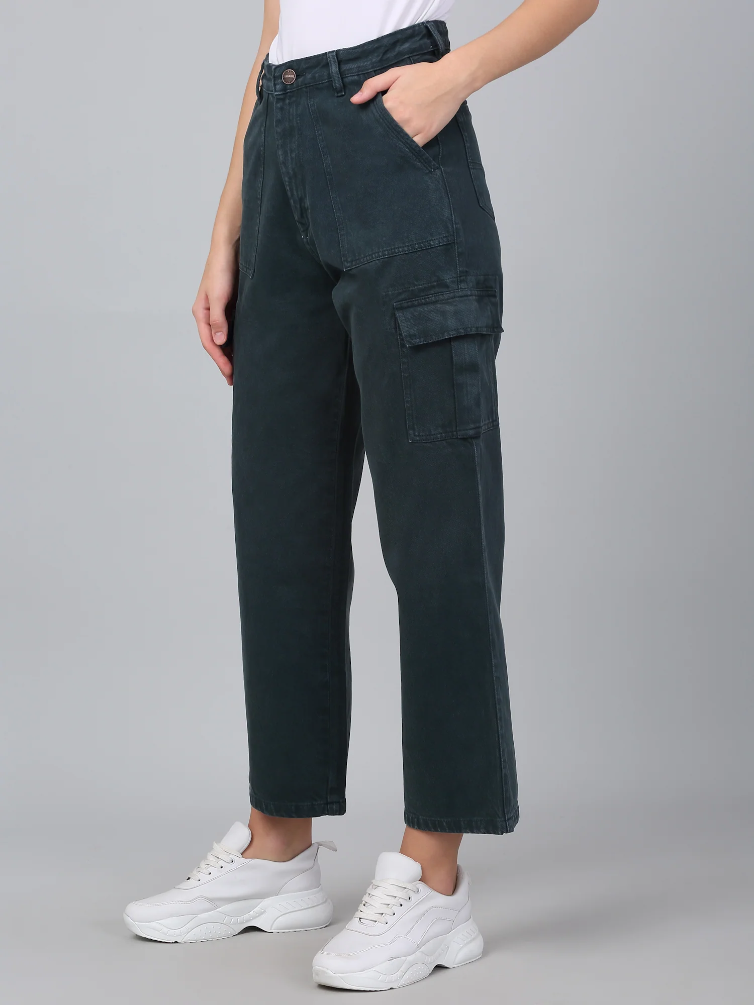 Women's Dark Green Solid Denim Wide Leg Cargo - Image 4
