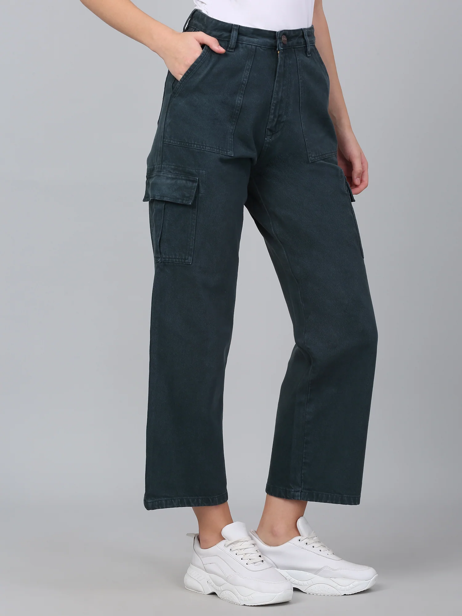 Women's Dark Green Solid Denim Wide Leg Cargo - Image 5