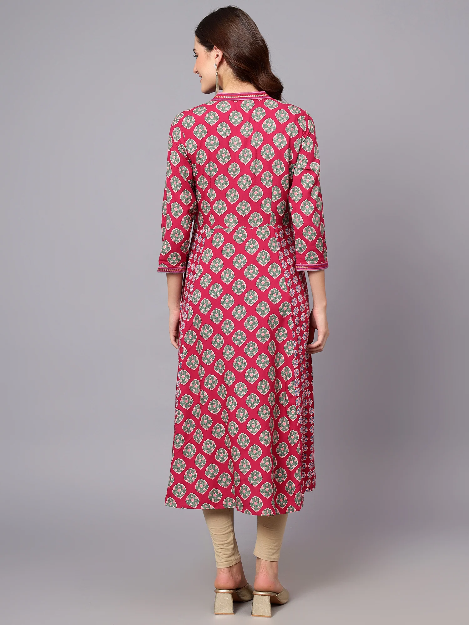 Women's Dark-Pink Floral Printed Band Collar Regular Fit 3/4 Sleeves Kurti - Image 5