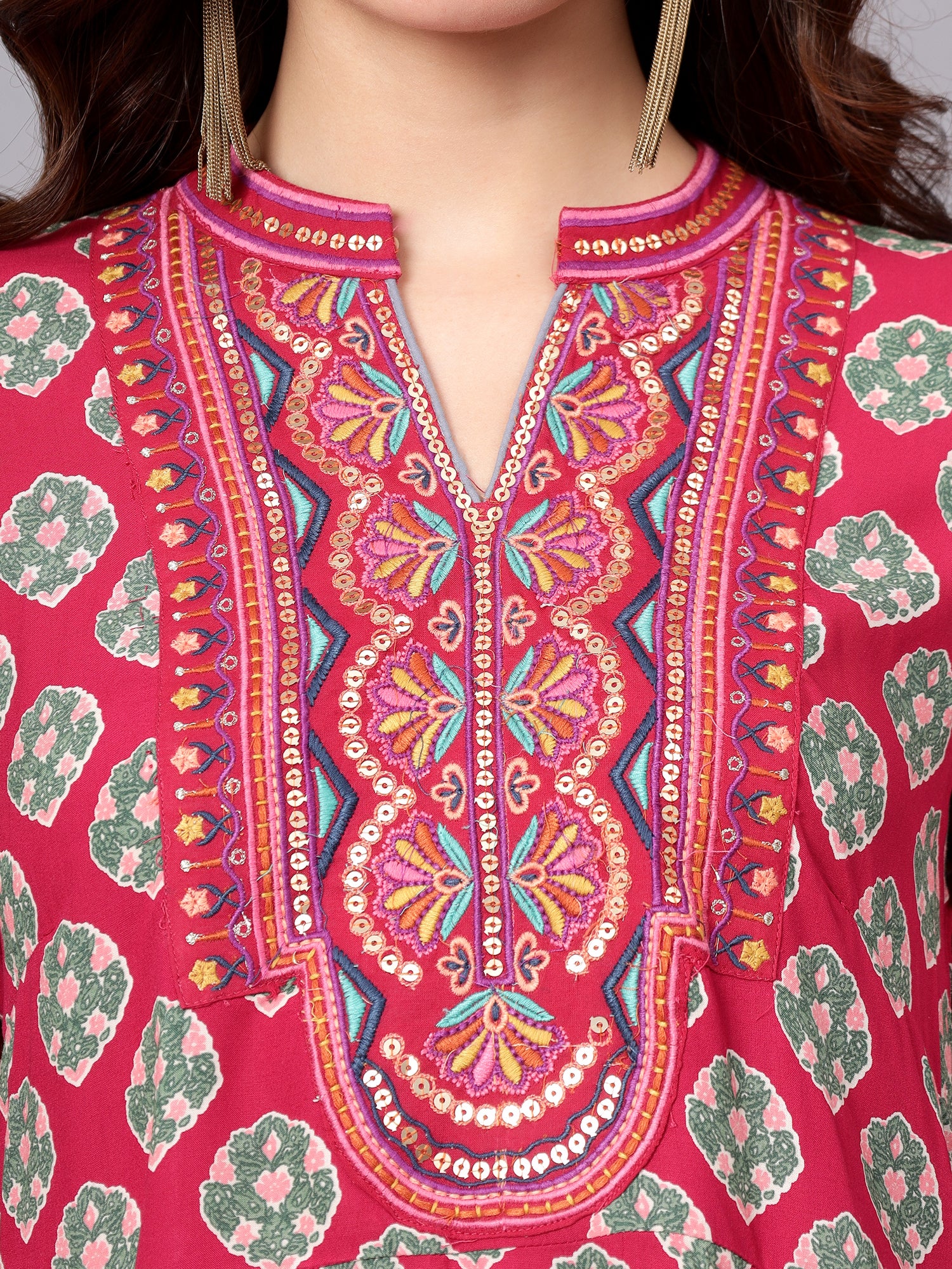 Women's Dark-Pink Floral Printed Band Collar Regular Fit 3/4 Sleeves Kurti - Image 6