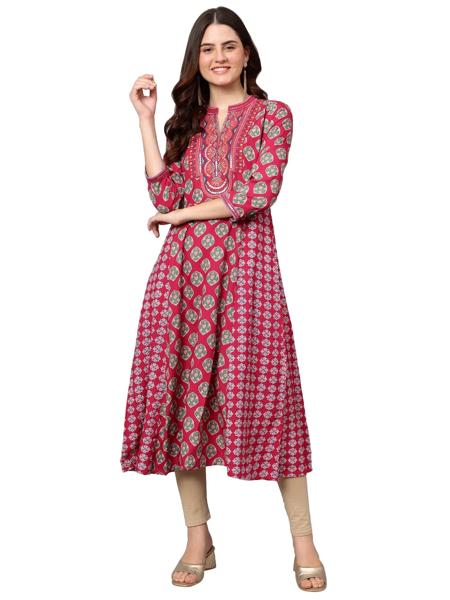 Women's Dark-Pink Floral Printed Band Collar Regular Fit 3/4 Sleeves Kurti - Image 7