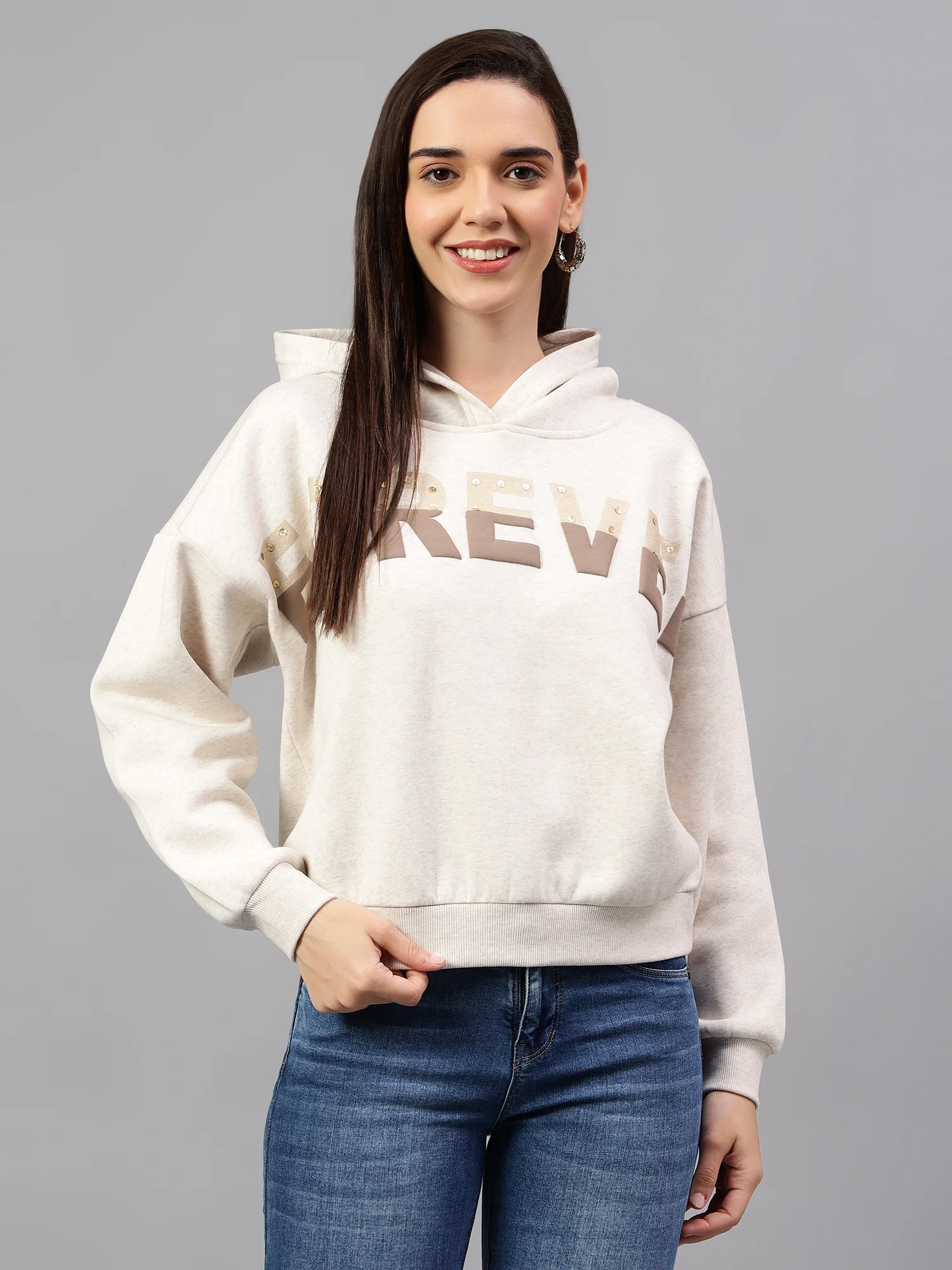 Women's Ecru Melange Printed Hoody Neck Crop Sweatshirt - Image 2