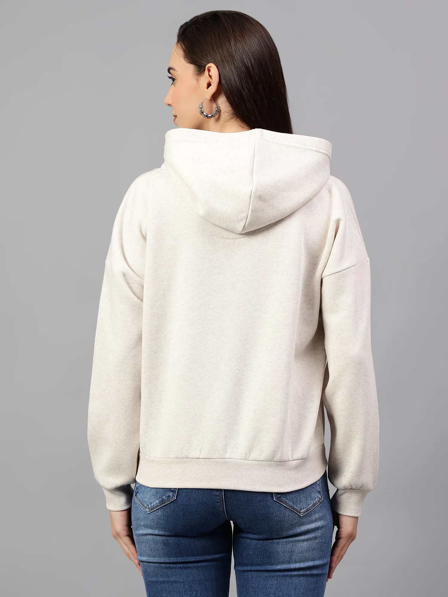 Women's Ecru Melange Printed Hoody Neck Crop Sweatshirt - Image 3