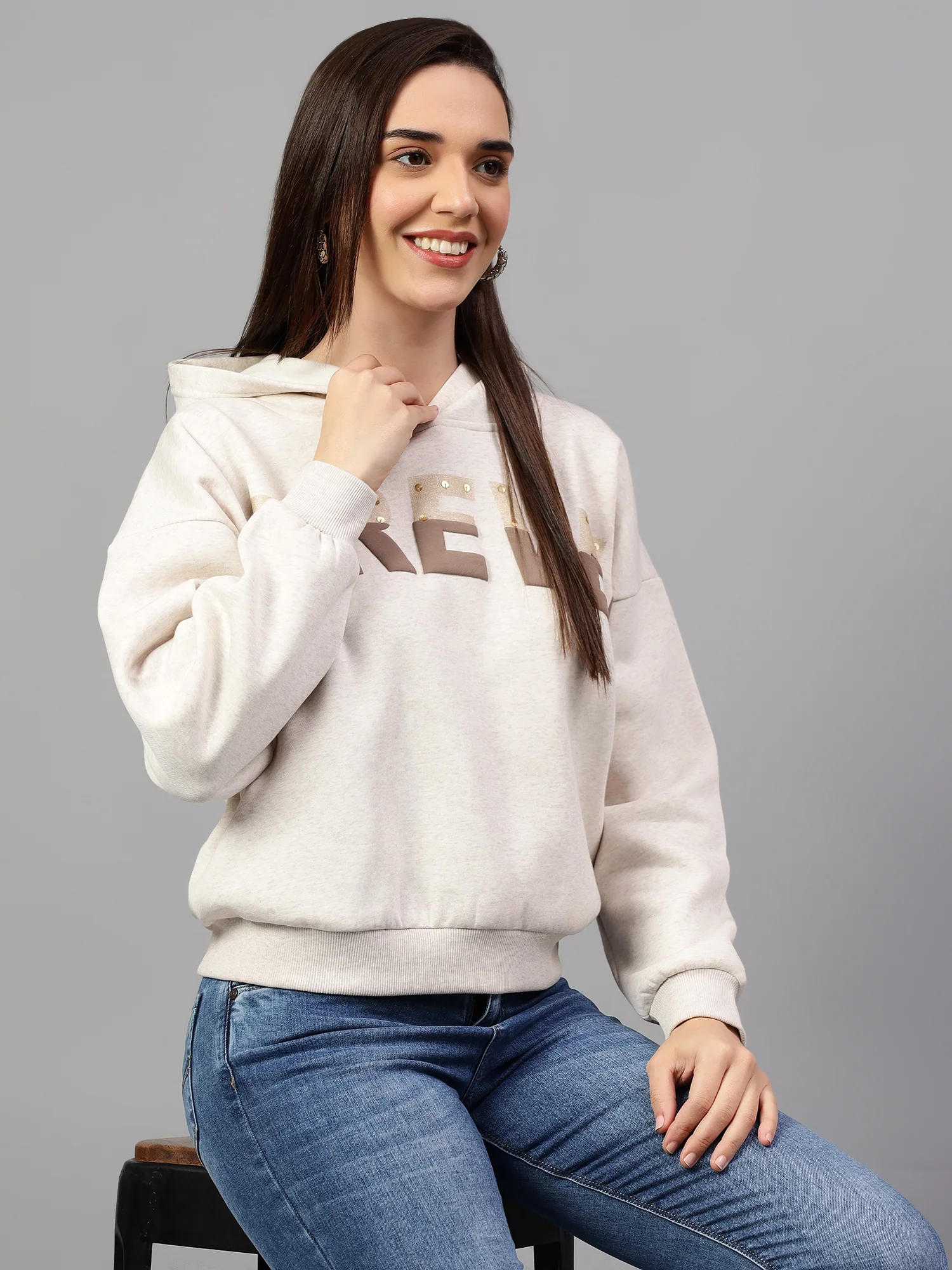 Women's Ecru Melange Printed Hoody Neck Crop Sweatshirt - Image 4