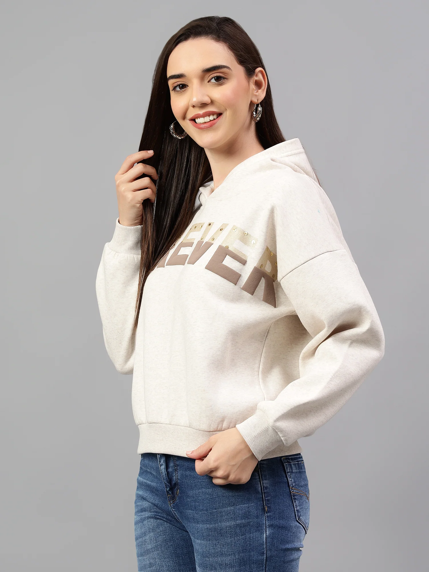 Women's Ecru Melange Printed Hoody Neck Crop Sweatshirt - Image 5