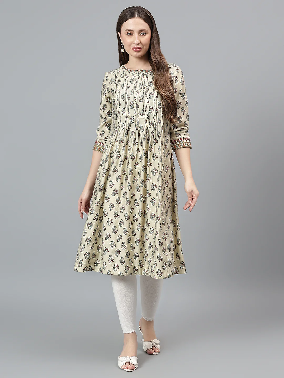 Women's Ecru Printed Round Neck Long Kurti - Image 2