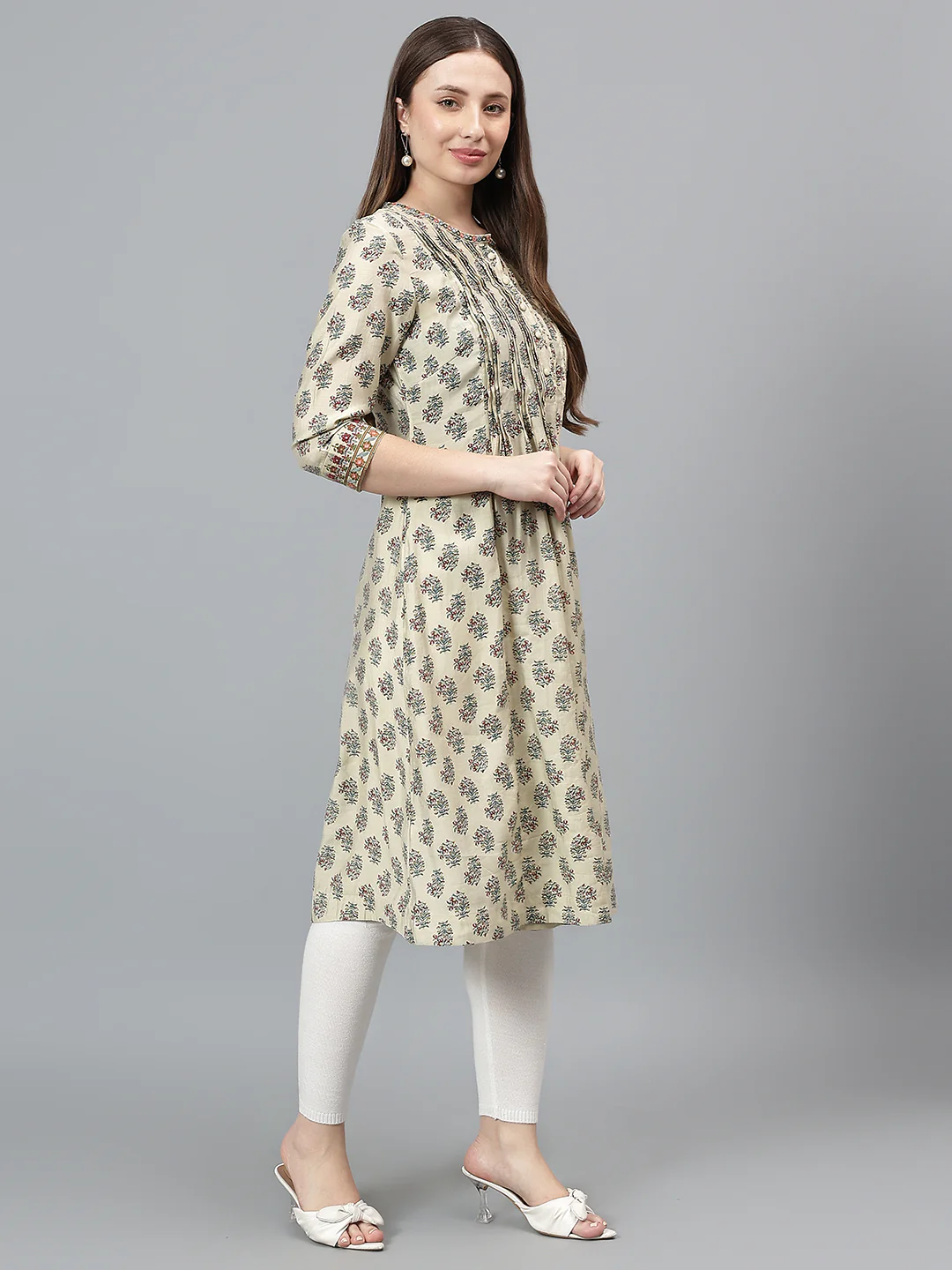 Women's Ecru Printed Round Neck Long Kurti - Image 4