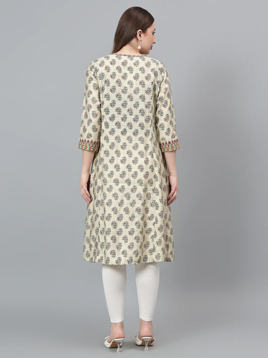 Women's Ecru Printed Round Neck Long Kurti - Image 5