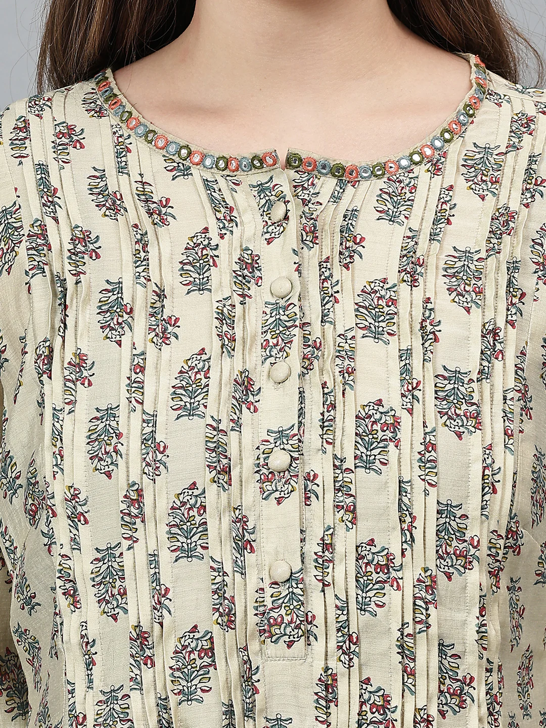 Women's Ecru Printed Round Neck Long Kurti - Image 6