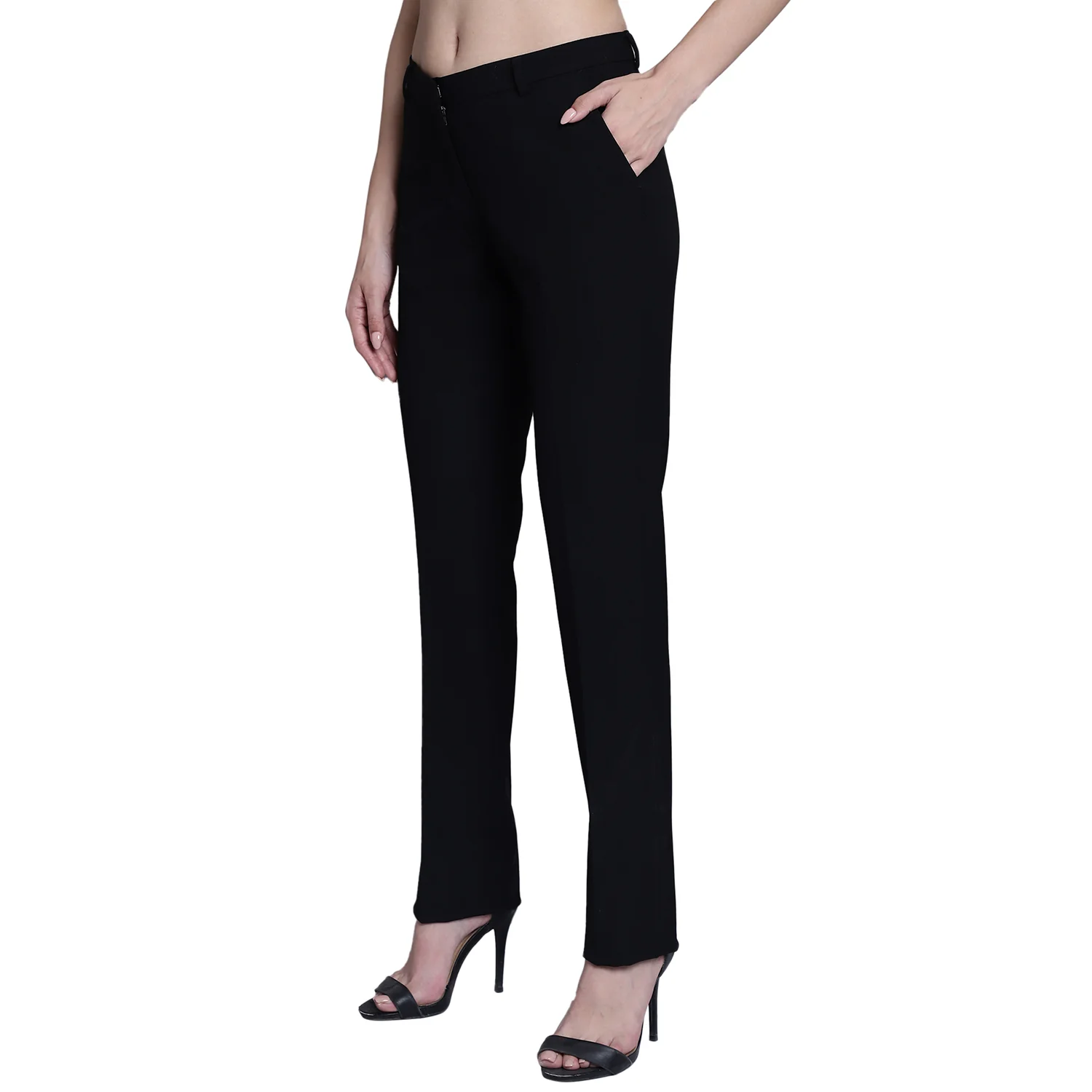 Women's Formal Flat Front Black Full length Mid Rise Trousers - Image 3