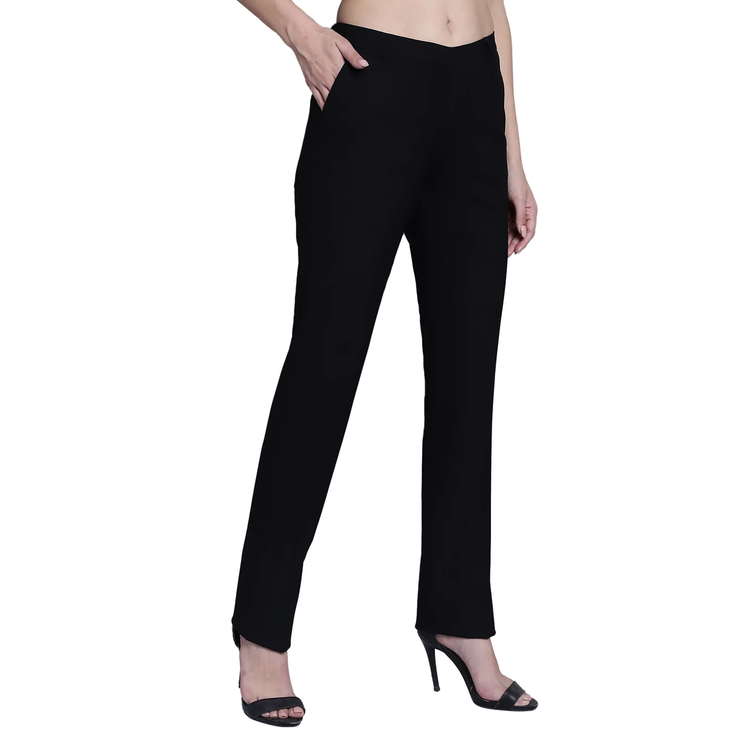 Women's Formal Flat Front Black Full length Mid Rise Trousers - Image 4