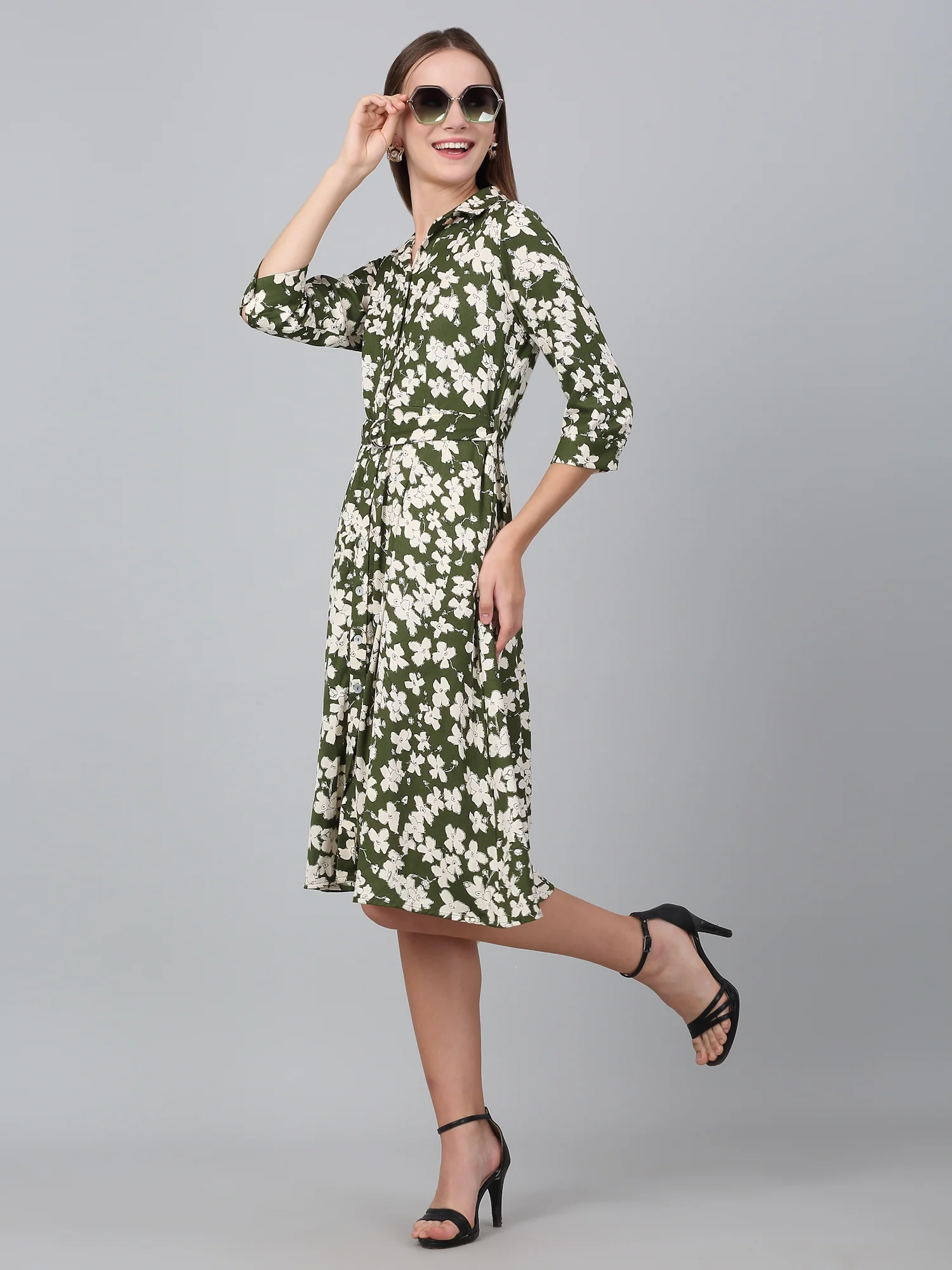 Women's Green Floral Printed Fit and Flare Casual Dress - Image 6