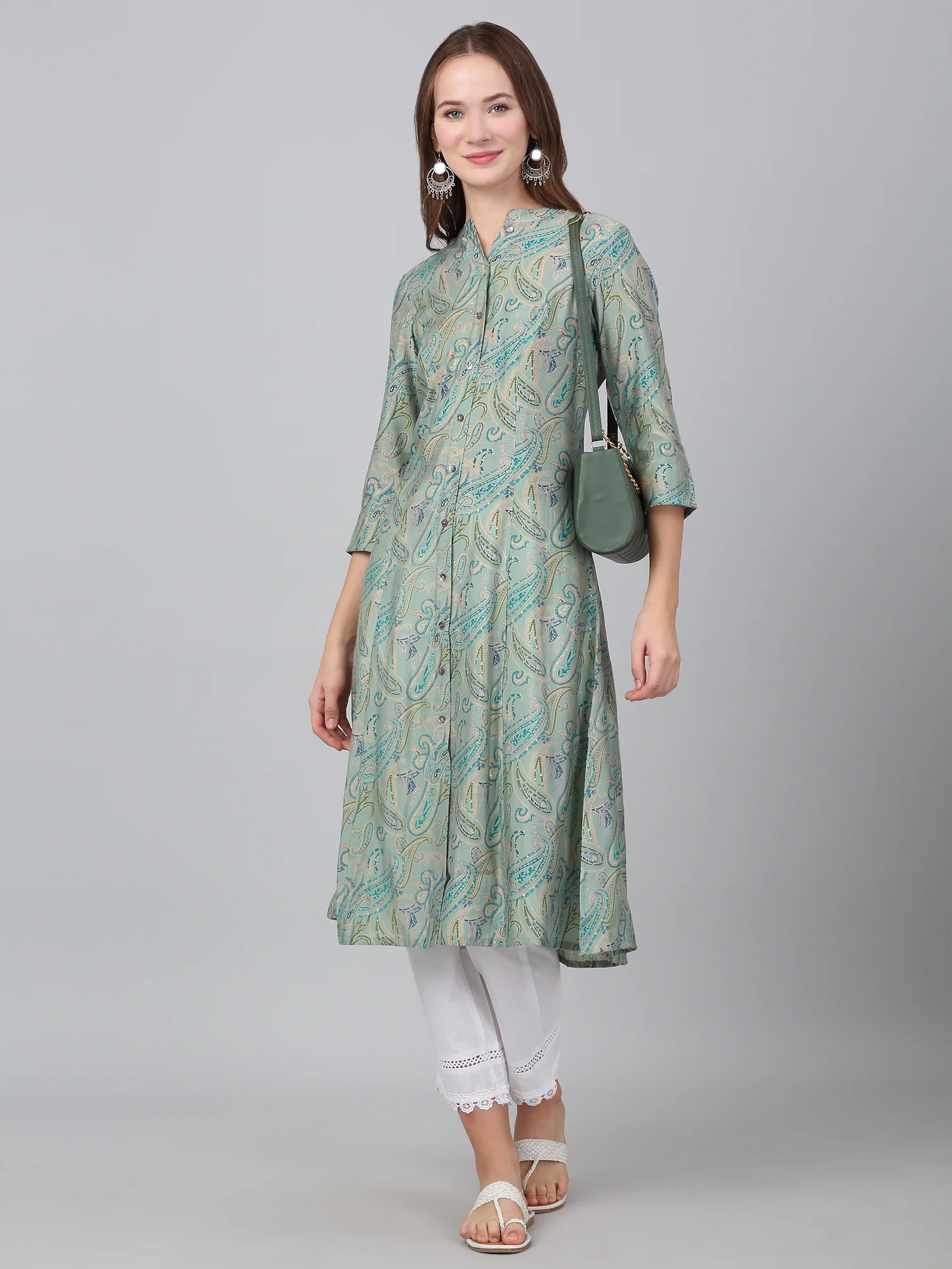 Women's Green Paisley Printed Casual Kurti - Image 6