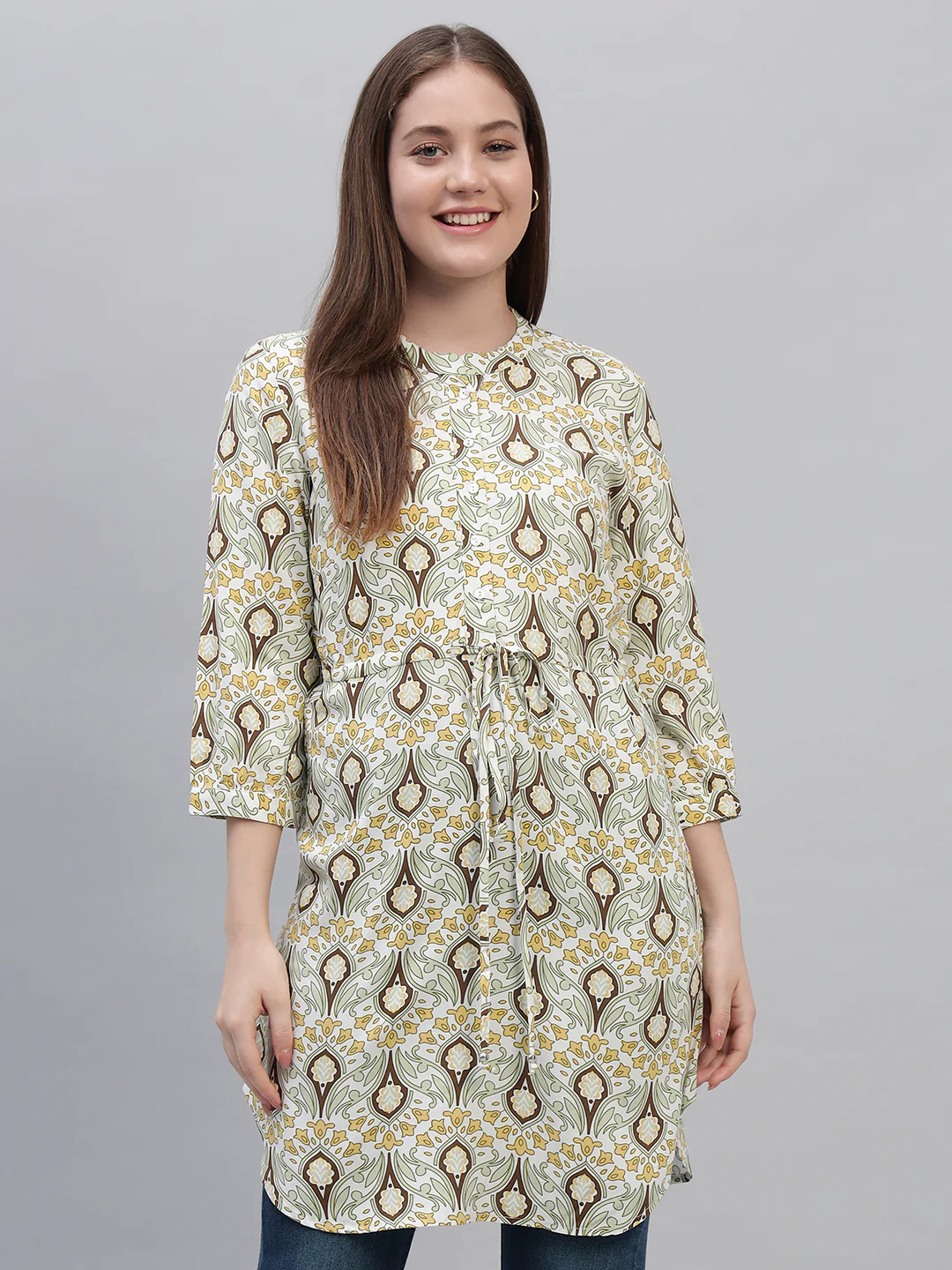Women's Green Printed 3/4th Sleeves Round Neck Casual Long Tunic - Image 2