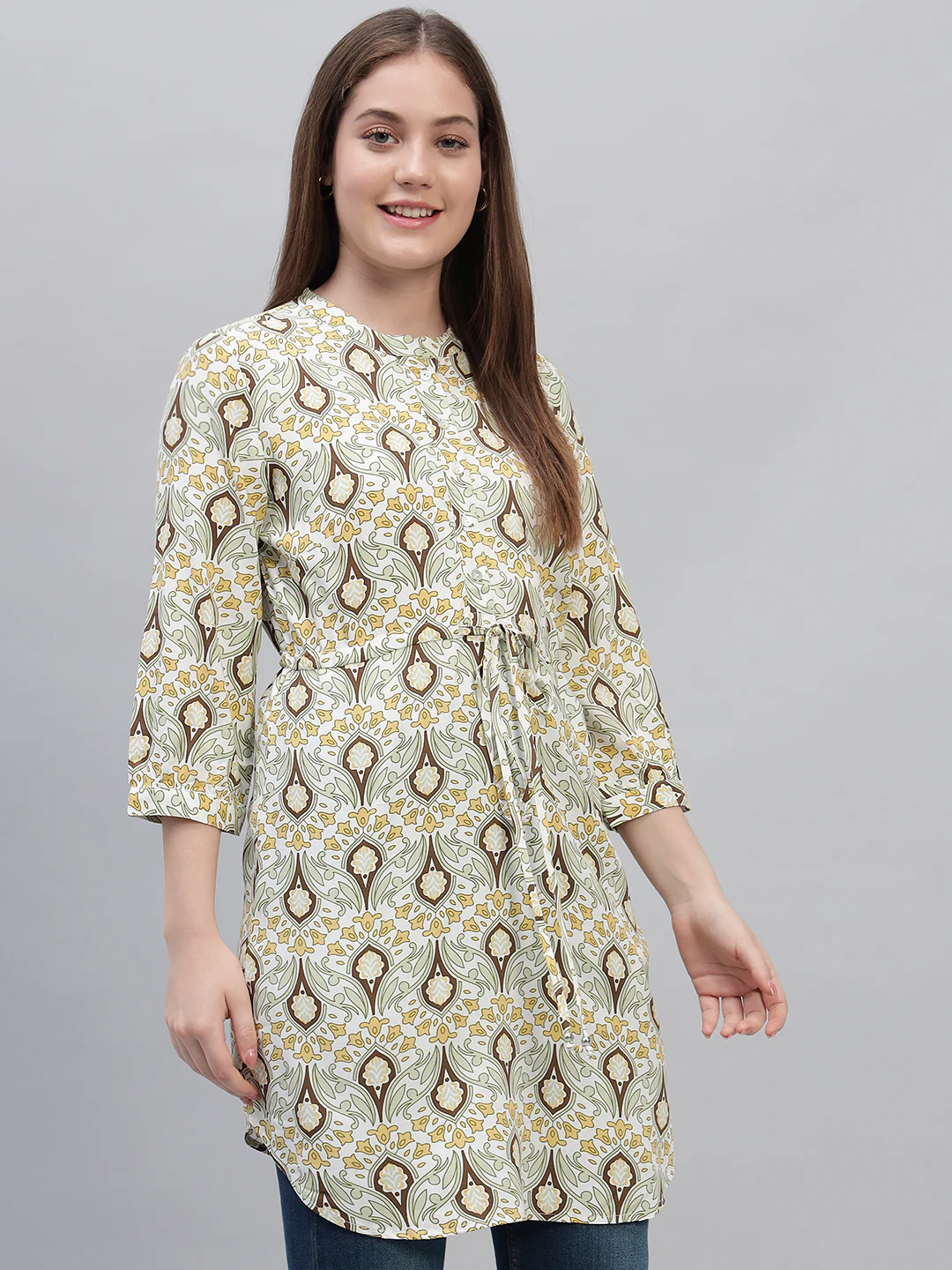 Women's Green Printed 3/4th Sleeves Round Neck Casual Long Tunic - Image 4