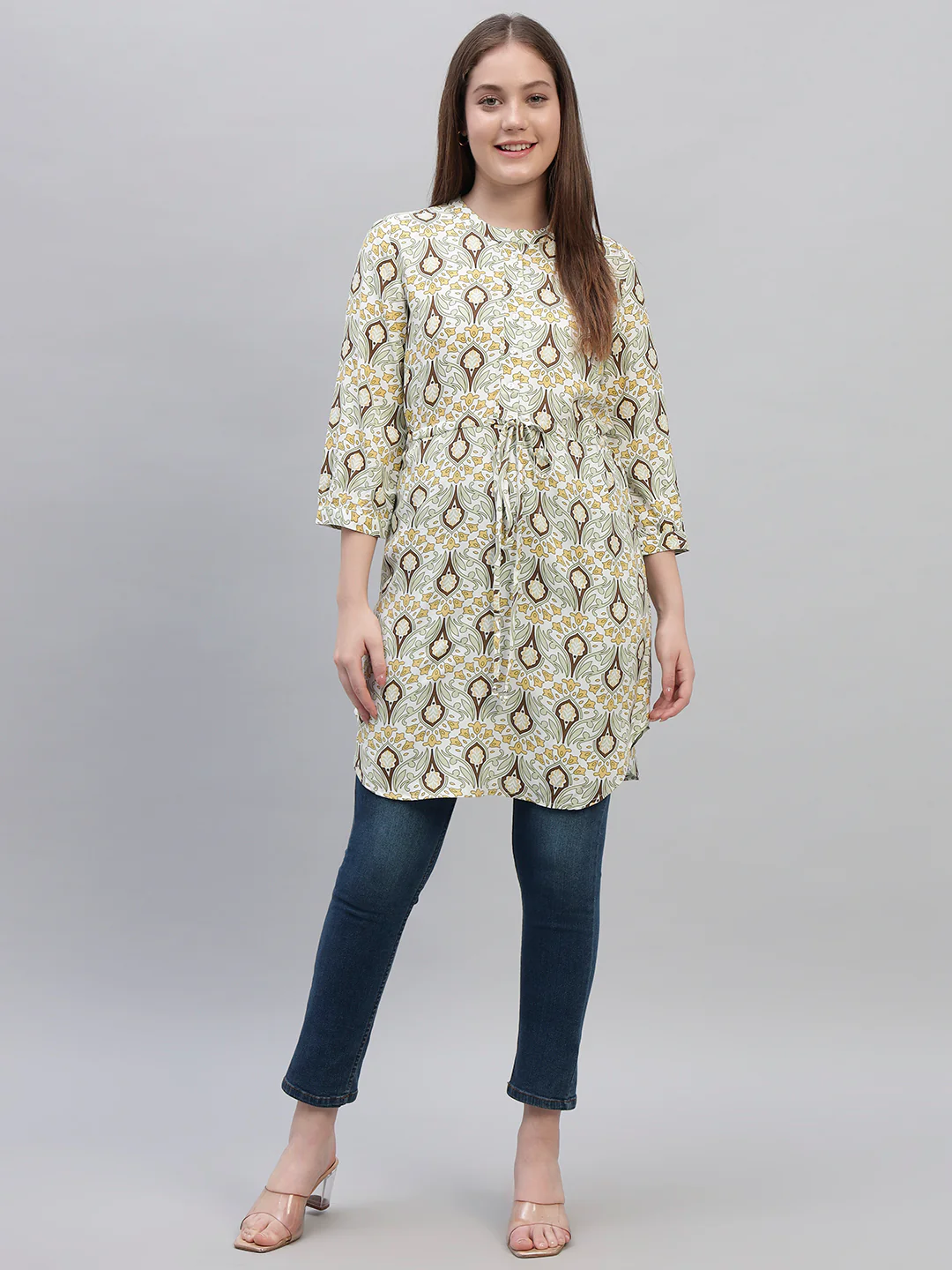 Women's Green Printed 3/4th Sleeves Round Neck Casual Long Tunic - Image 5