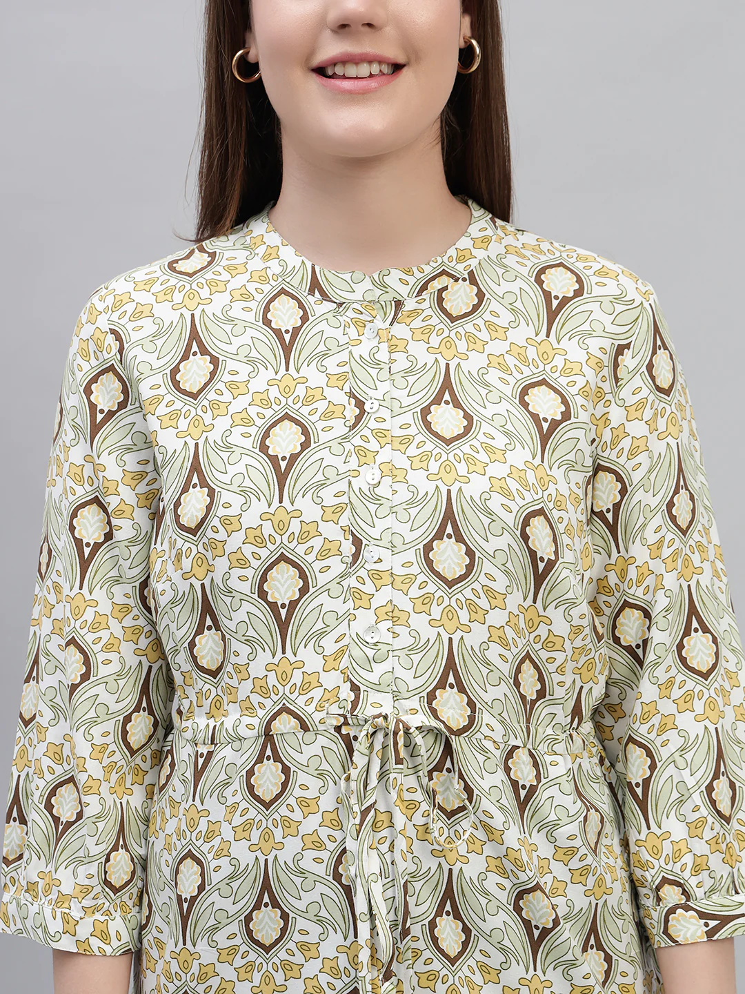 Women's Green Printed 3/4th Sleeves Round Neck Casual Long Tunic - Image 6