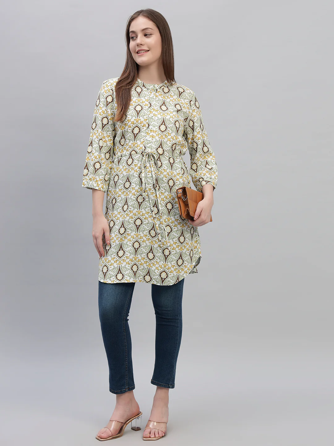Women's Green Printed 3/4th Sleeves Round Neck Casual Long Tunic - Image 7