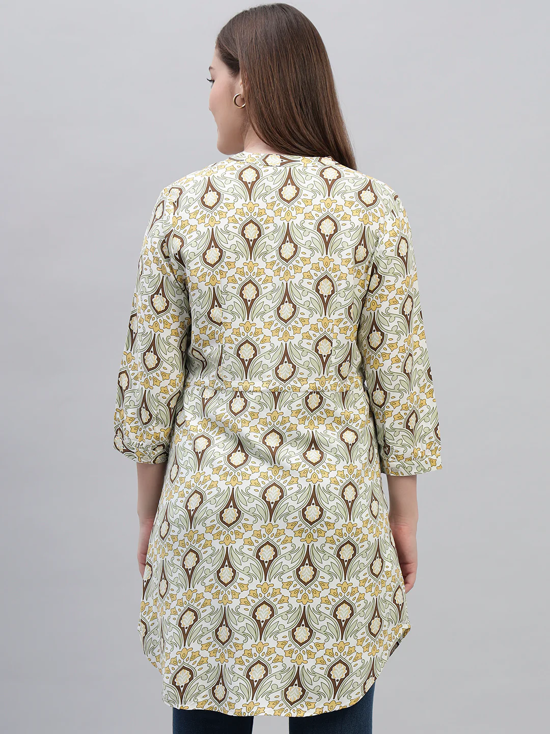 Women's Green Printed 3/4th Sleeves Round Neck Casual Long Tunic - Image 8