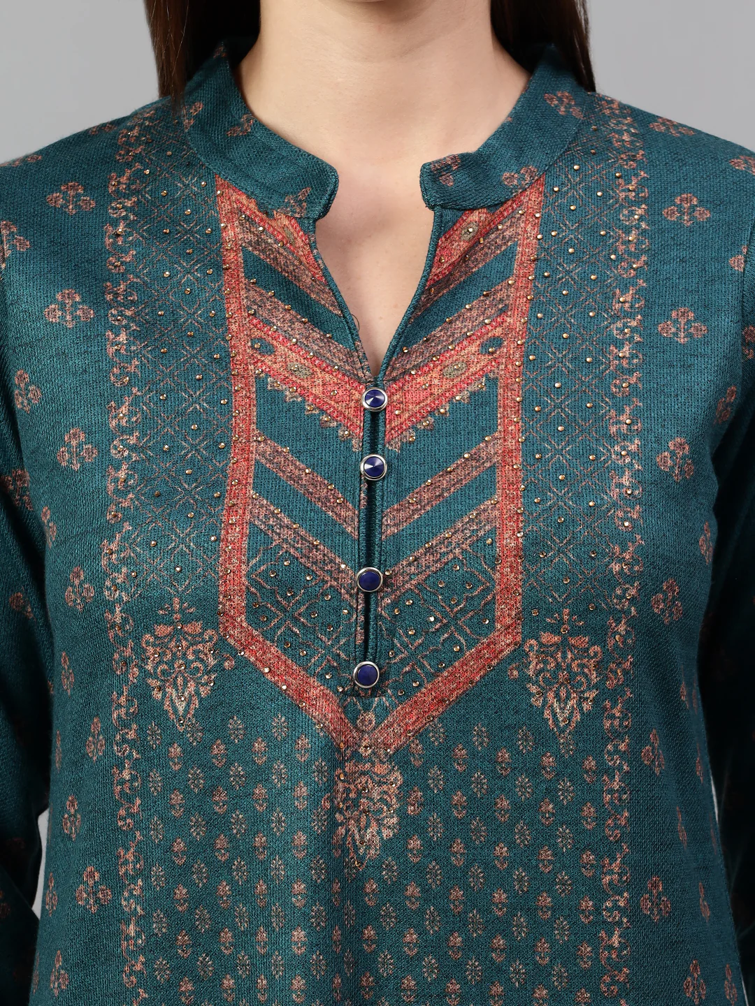 Women's Green Printed Mandarin Collar Kurta Palazzo Set For Winter - Image 6