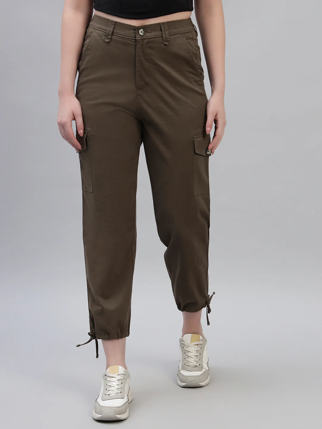 Women's Green Solid Full Length Regular Fit Cargo - Image 3