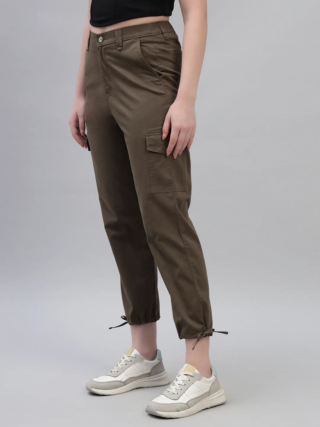 Women's Green Solid Full Length Regular Fit Cargo - Image 4