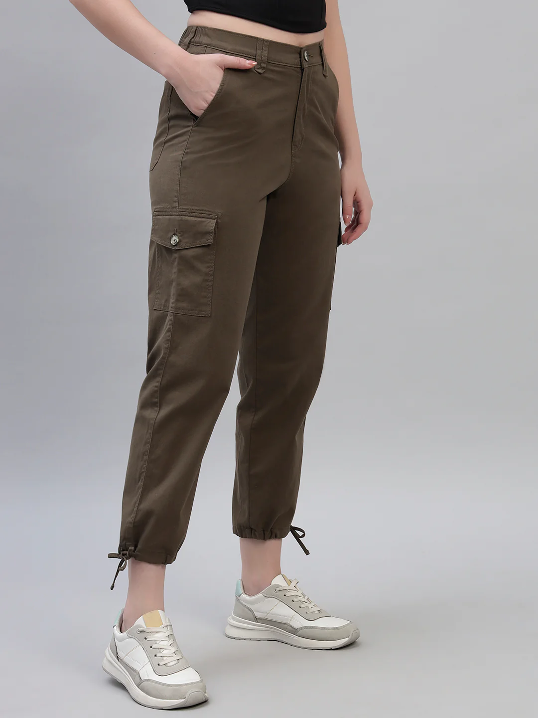 Women's Green Solid Full Length Regular Fit Cargo - Image 5