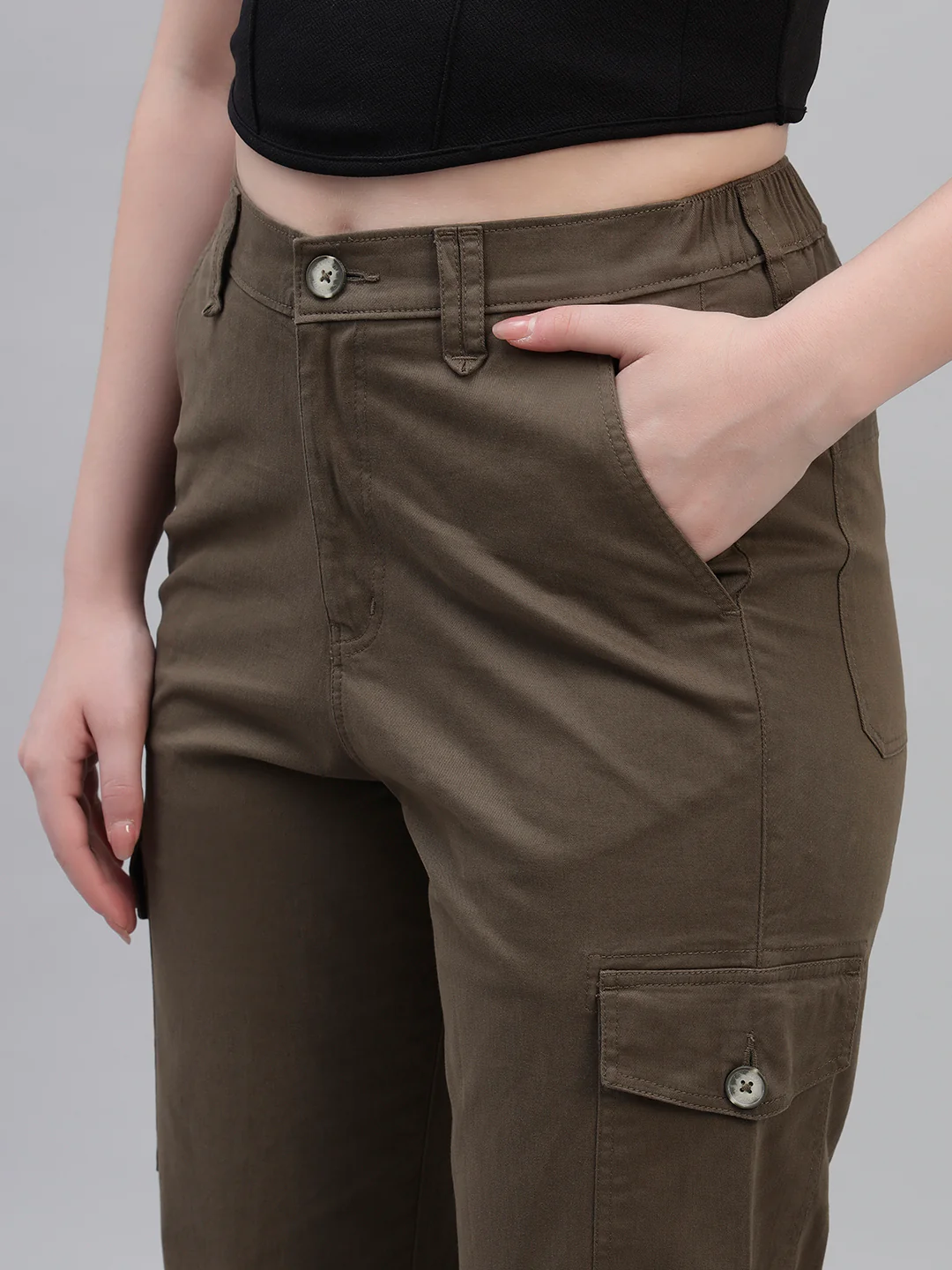 Women's Green Solid Full Length Regular Fit Cargo - Image 6