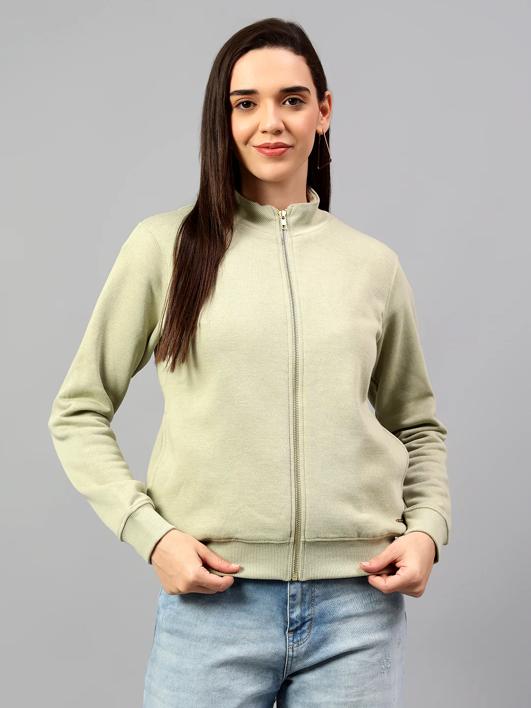 Women's Green Solid Mock Collar Sweatshirt - Image 3