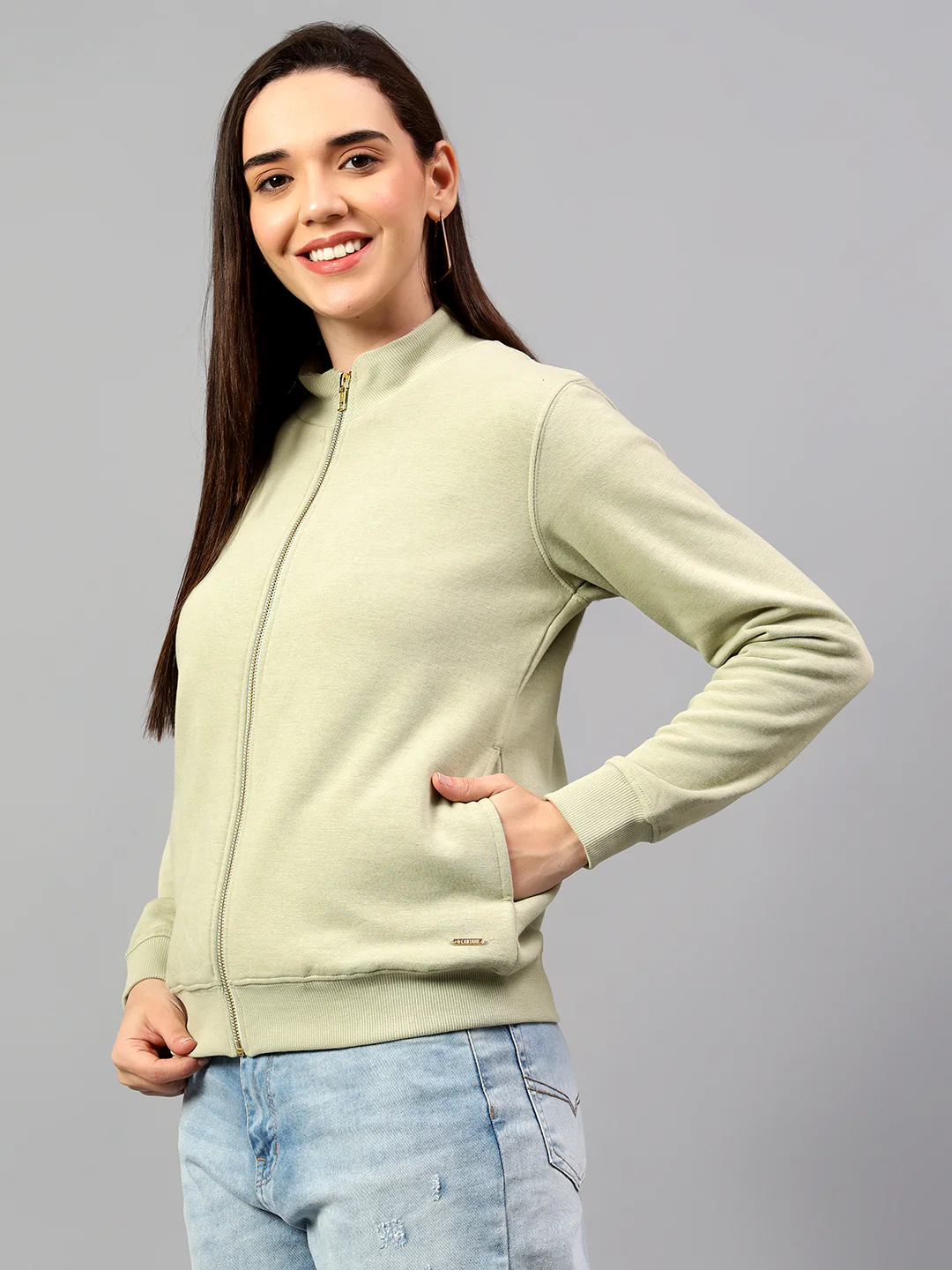 Women's Green Solid Mock Collar Sweatshirt - Image 4