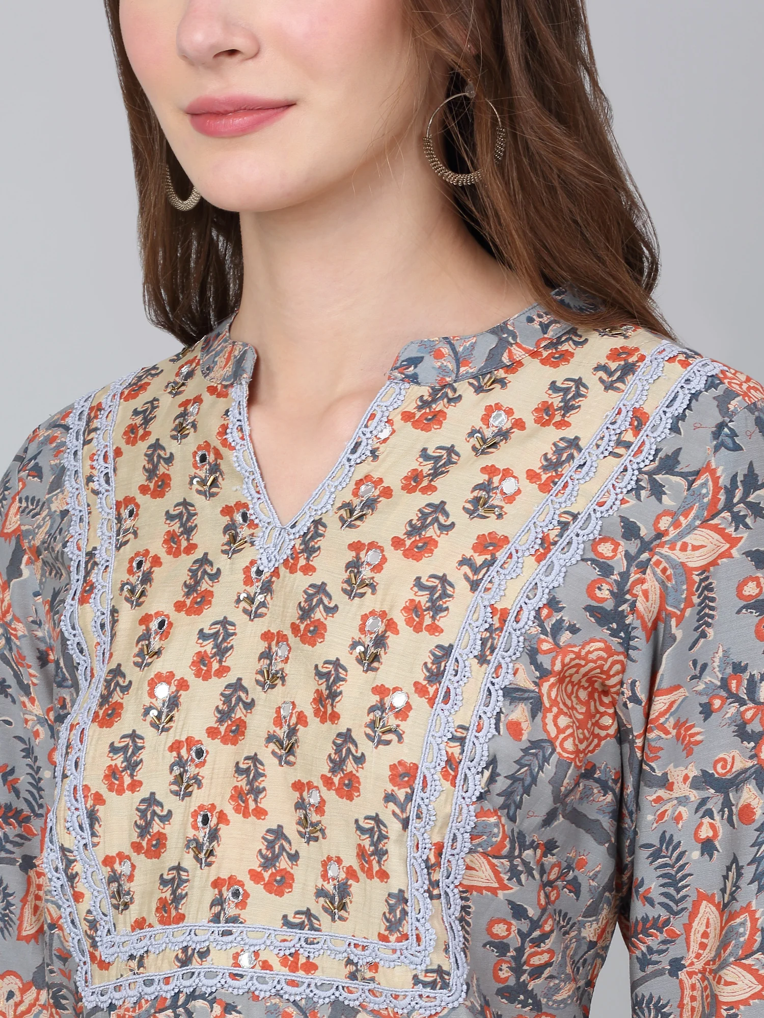 Women's Grey Floral Print Casual Kurta Palazzo Set - Image 5