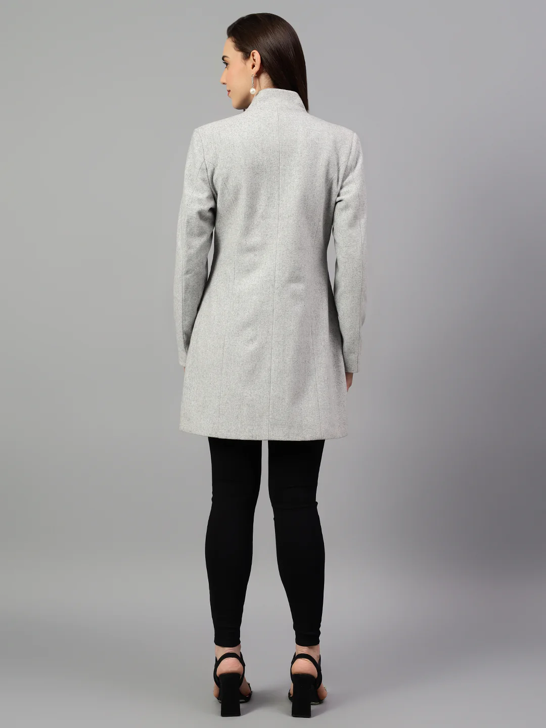 Women's Grey Solid Full Sleeves Winter Long Coat - Image 2