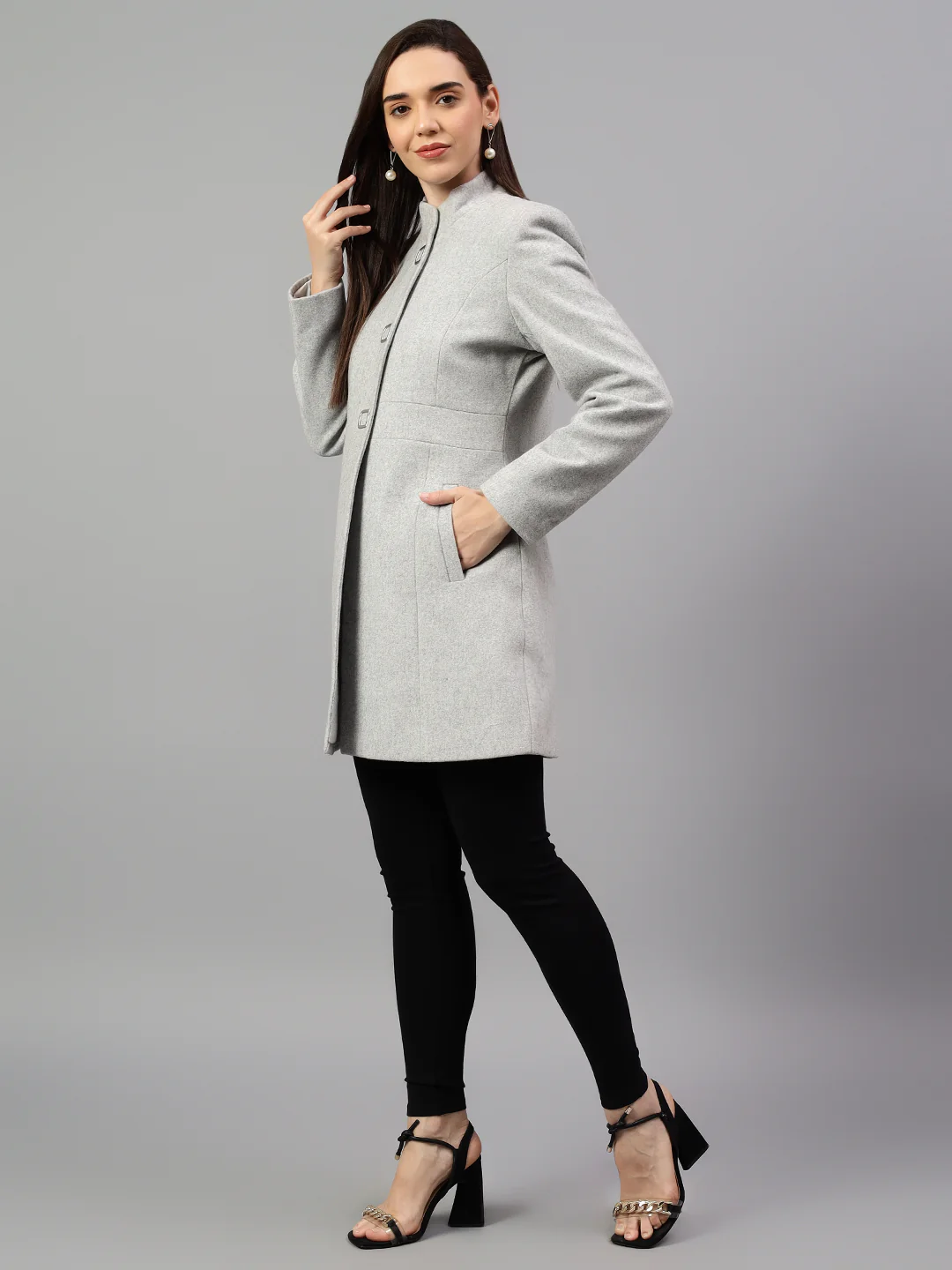 Women's Grey Solid Full Sleeves Winter Long Coat - Image 3