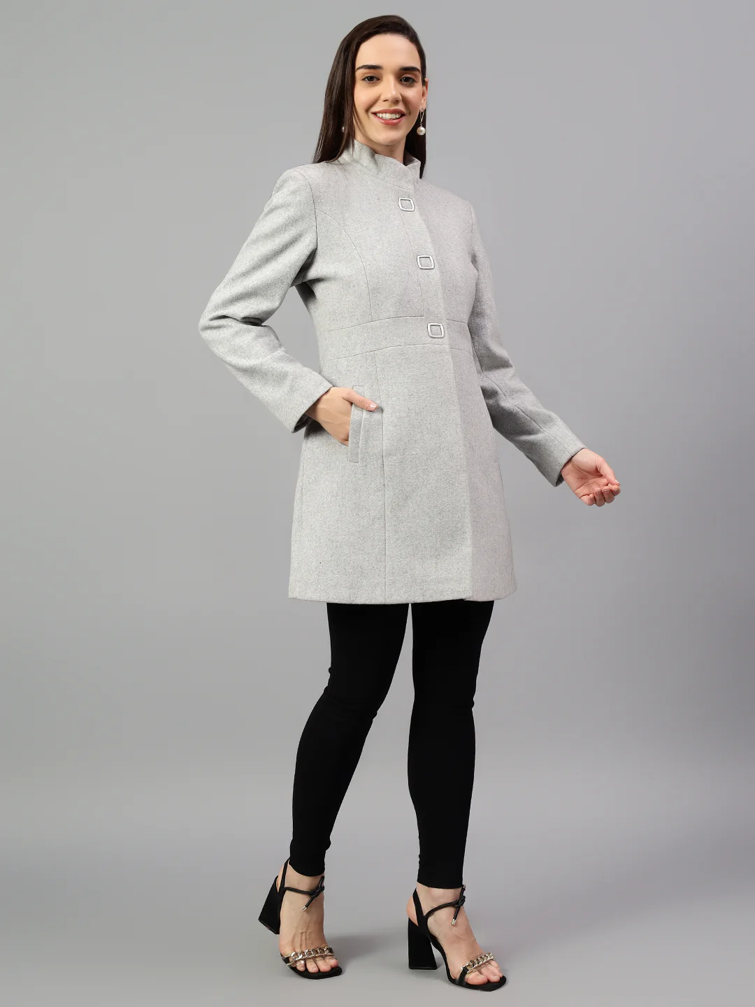 Women's Grey Solid Full Sleeves Winter Long Coat - Image 4