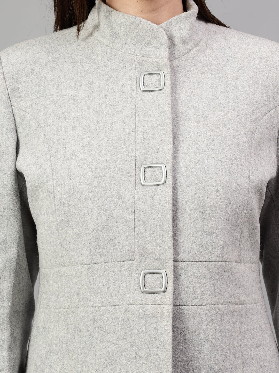 Women's Grey Solid Full Sleeves Winter Long Coat - Image 5