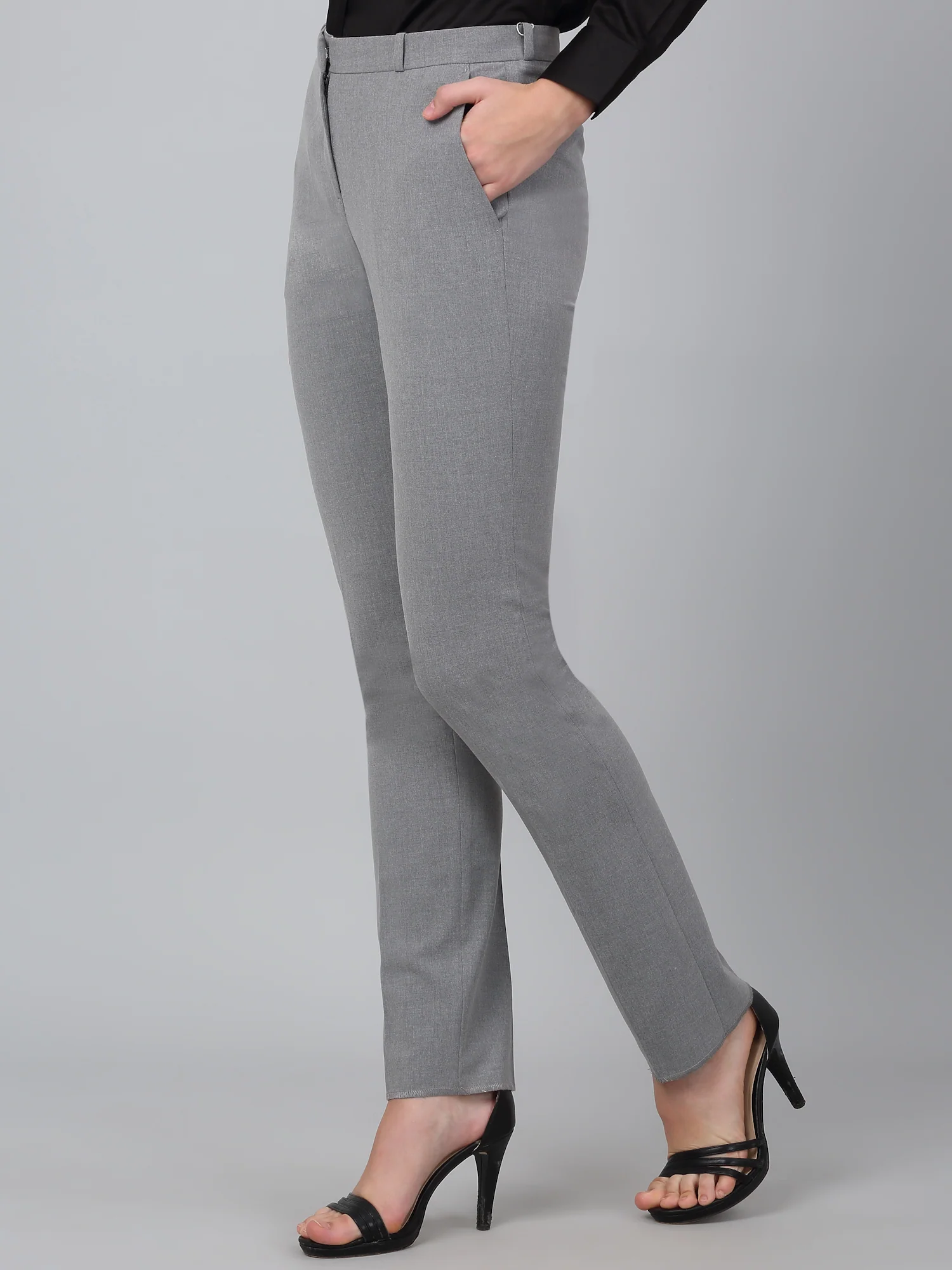 Women's Grey Solid Non-Pleated Formal Trouser - Image 3