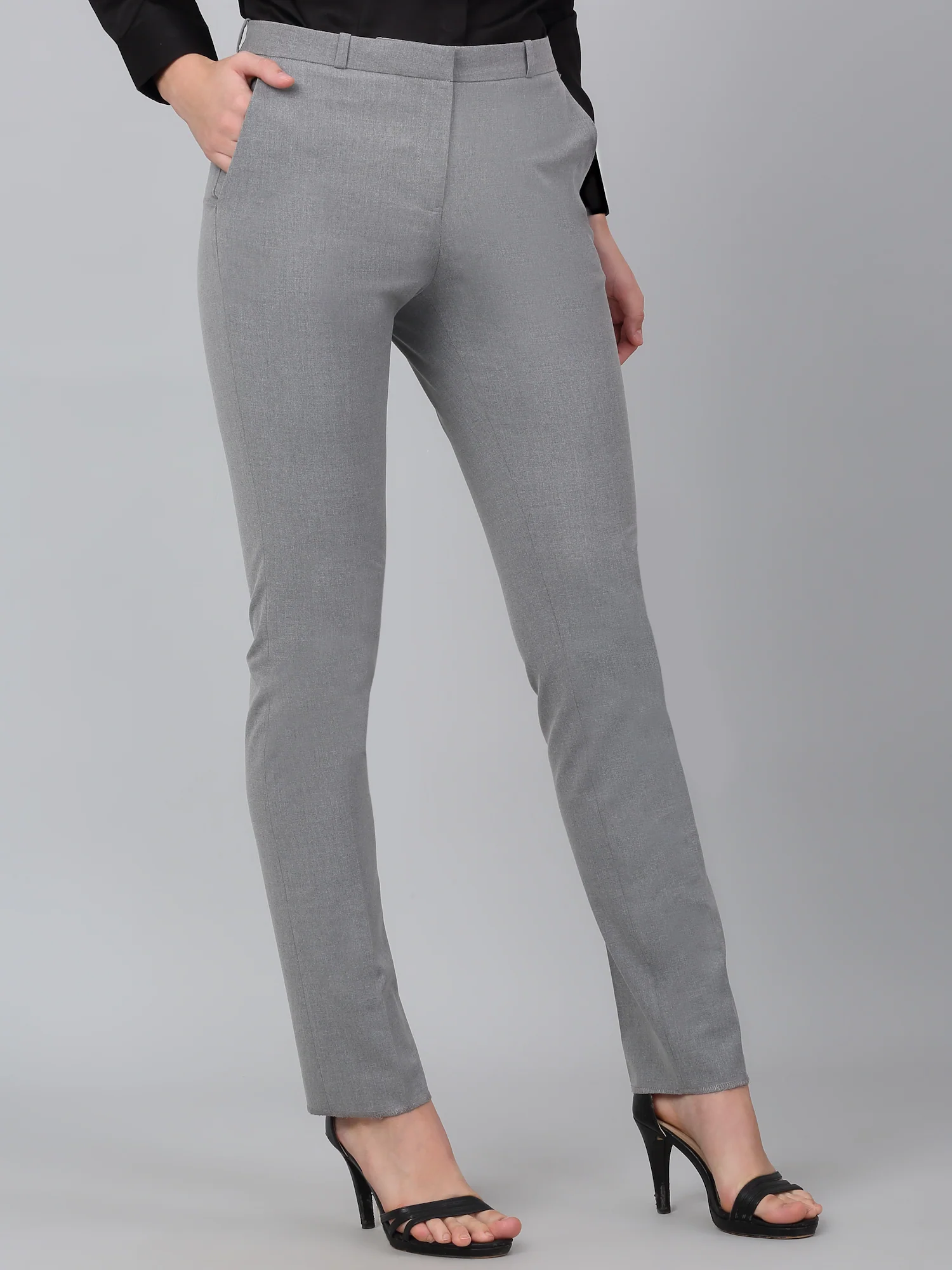 Women's Grey Solid Non-Pleated Formal Trouser - Image 4
