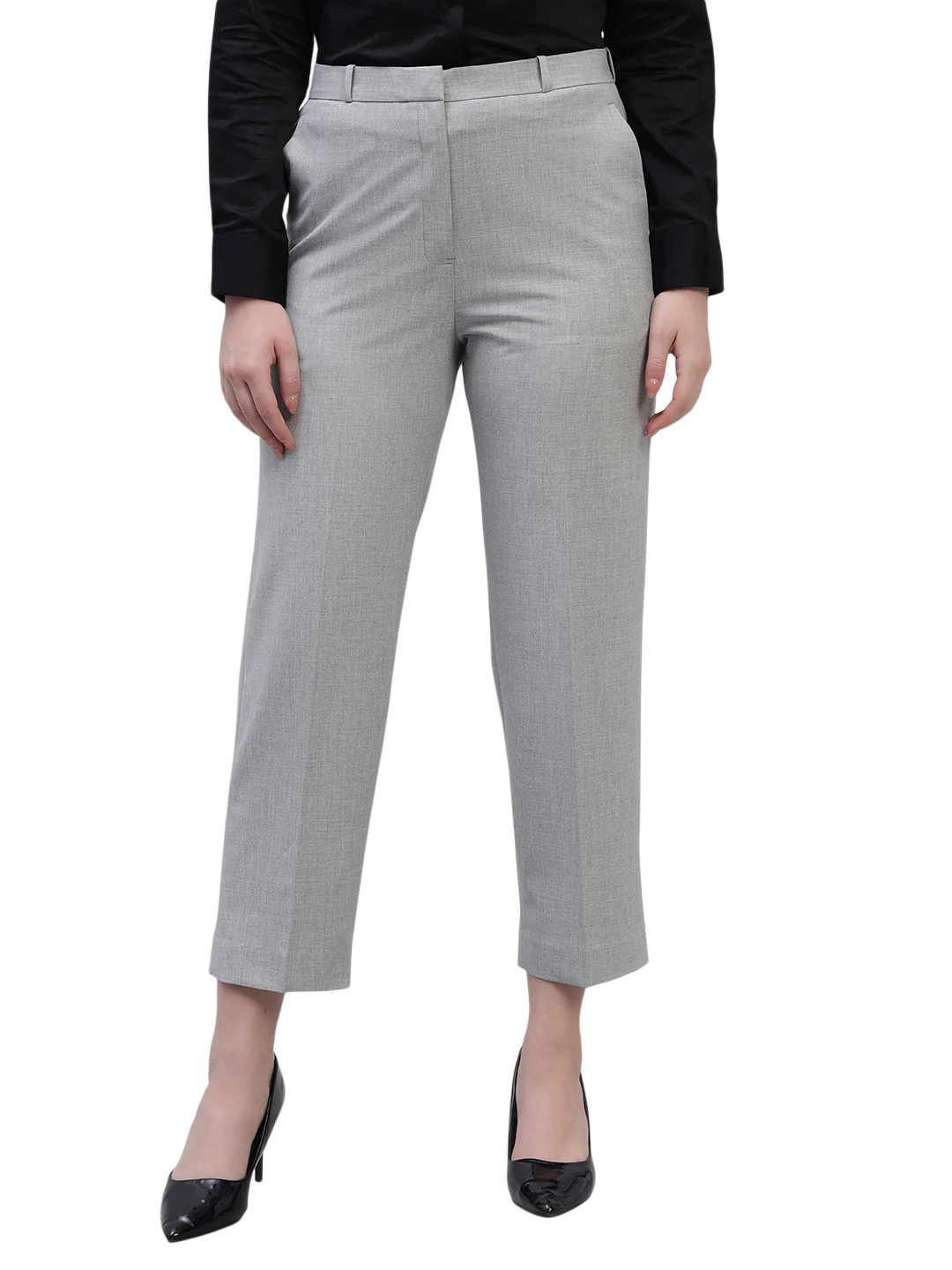 Women's Grey Solid Non Pleated Regular Fit High Waist Formal Trouser - Image 2