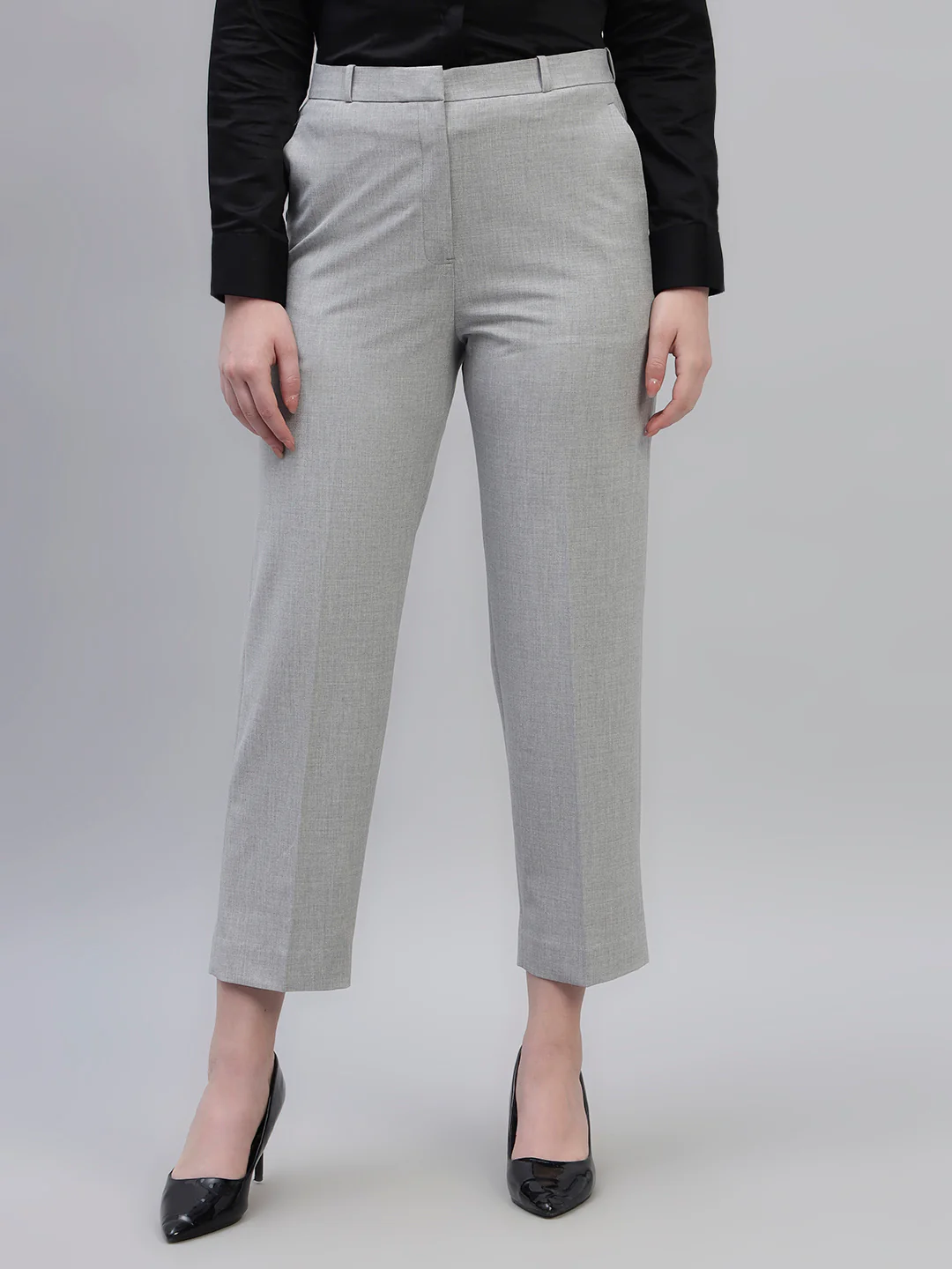 Women's Grey Solid Non Pleated Regular Fit High Waist Formal Trouser - Image 3