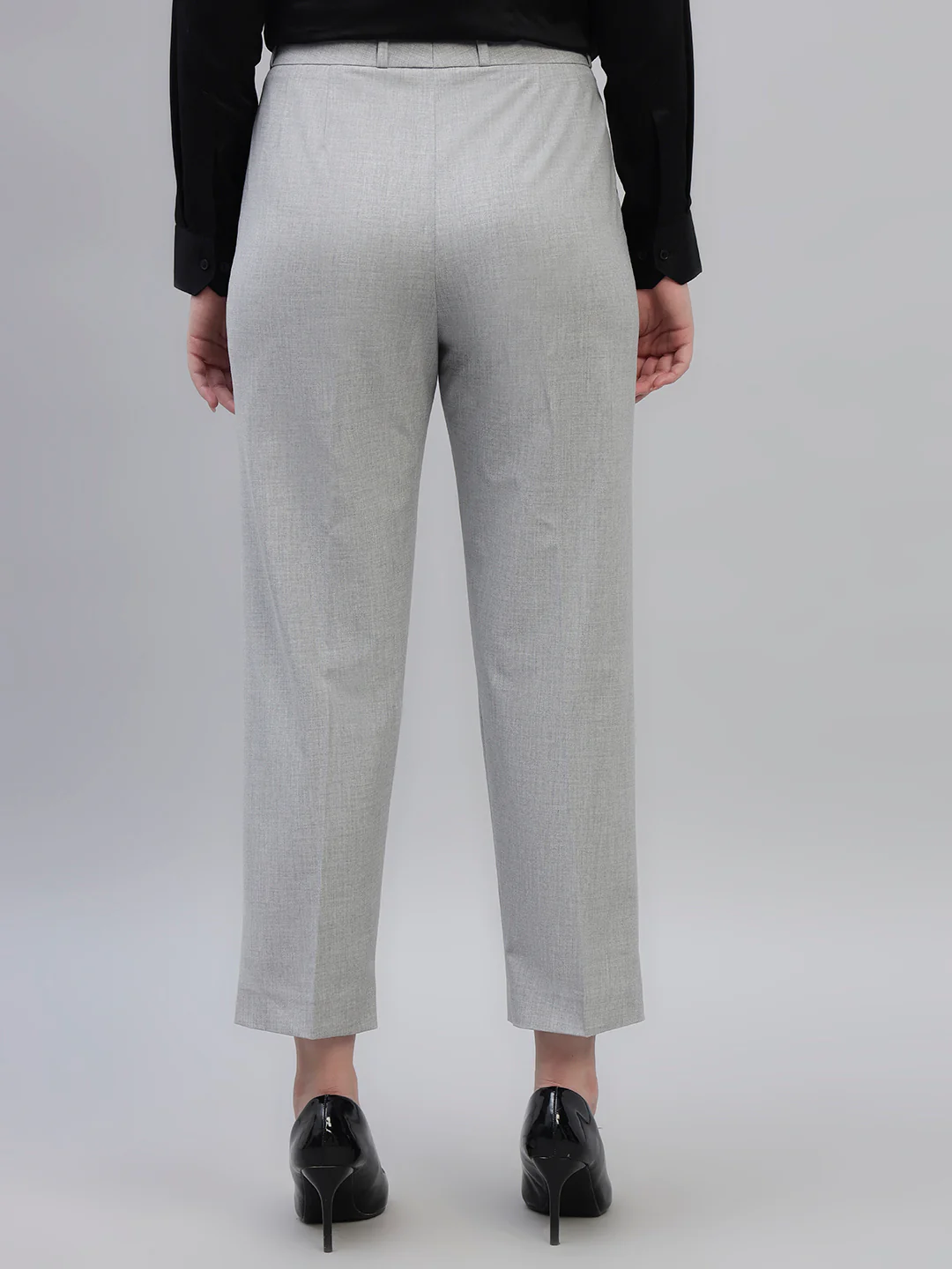 Women's Grey Solid Non Pleated Regular Fit High Waist Formal Trouser - Image 8