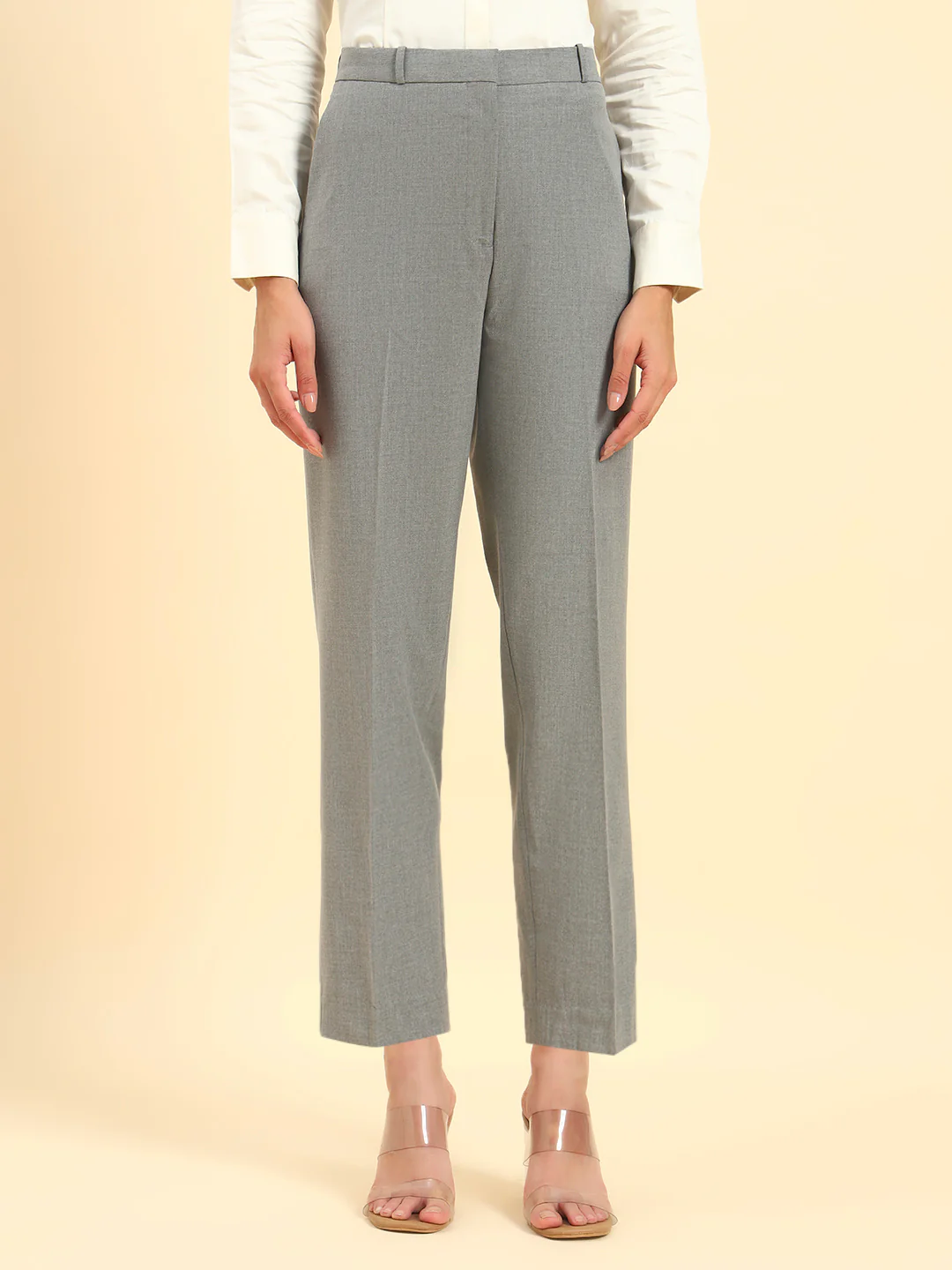 Women's Grey Solid Regular Fit Formal Trouser - Image 3