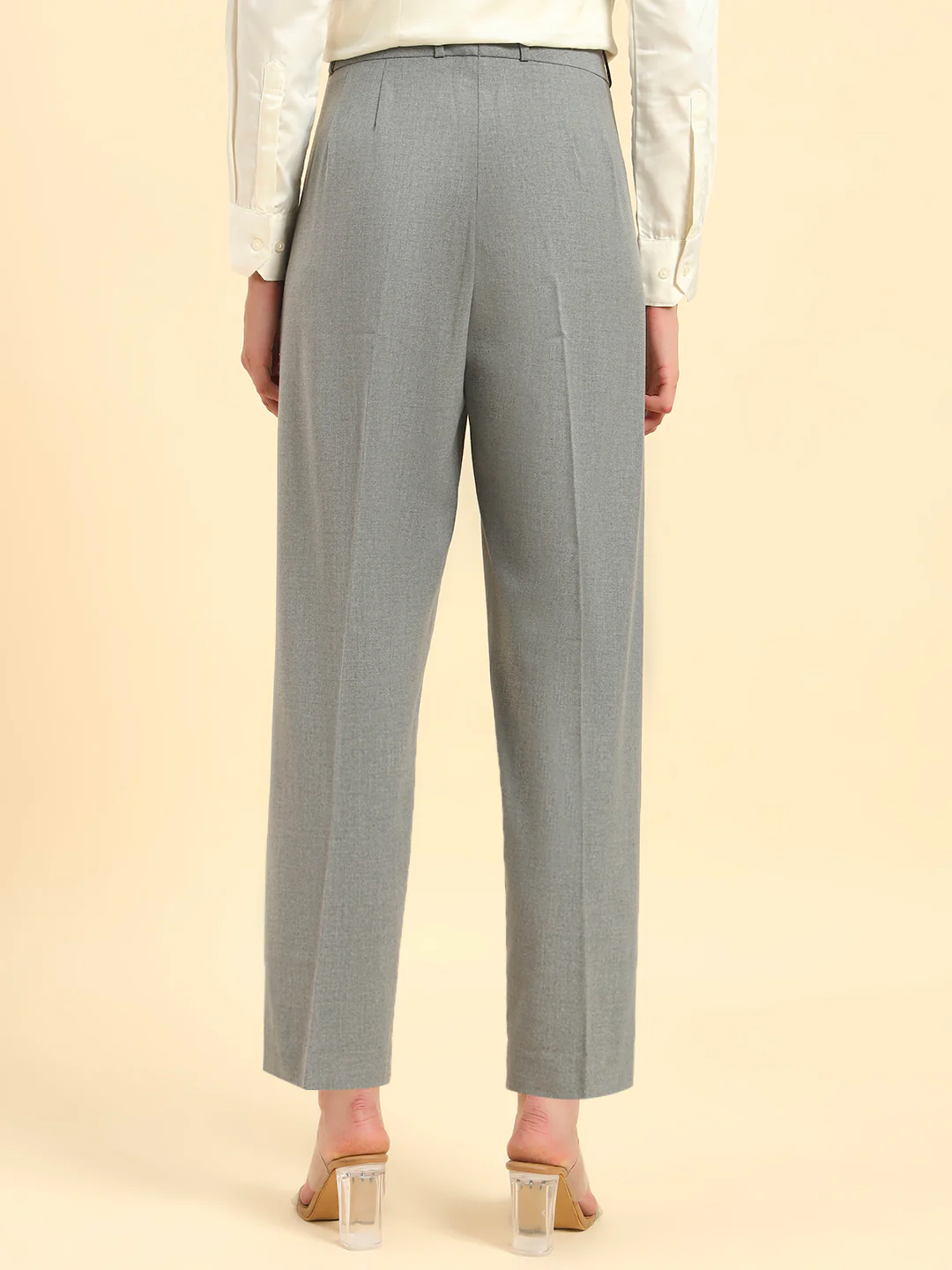 Women's Grey Solid Regular Fit Formal Trouser - Image 6
