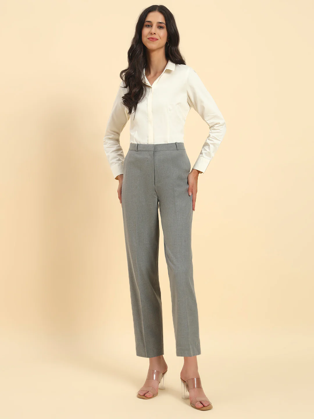 Women's Grey Solid Regular Fit Formal Trouser - Image 8